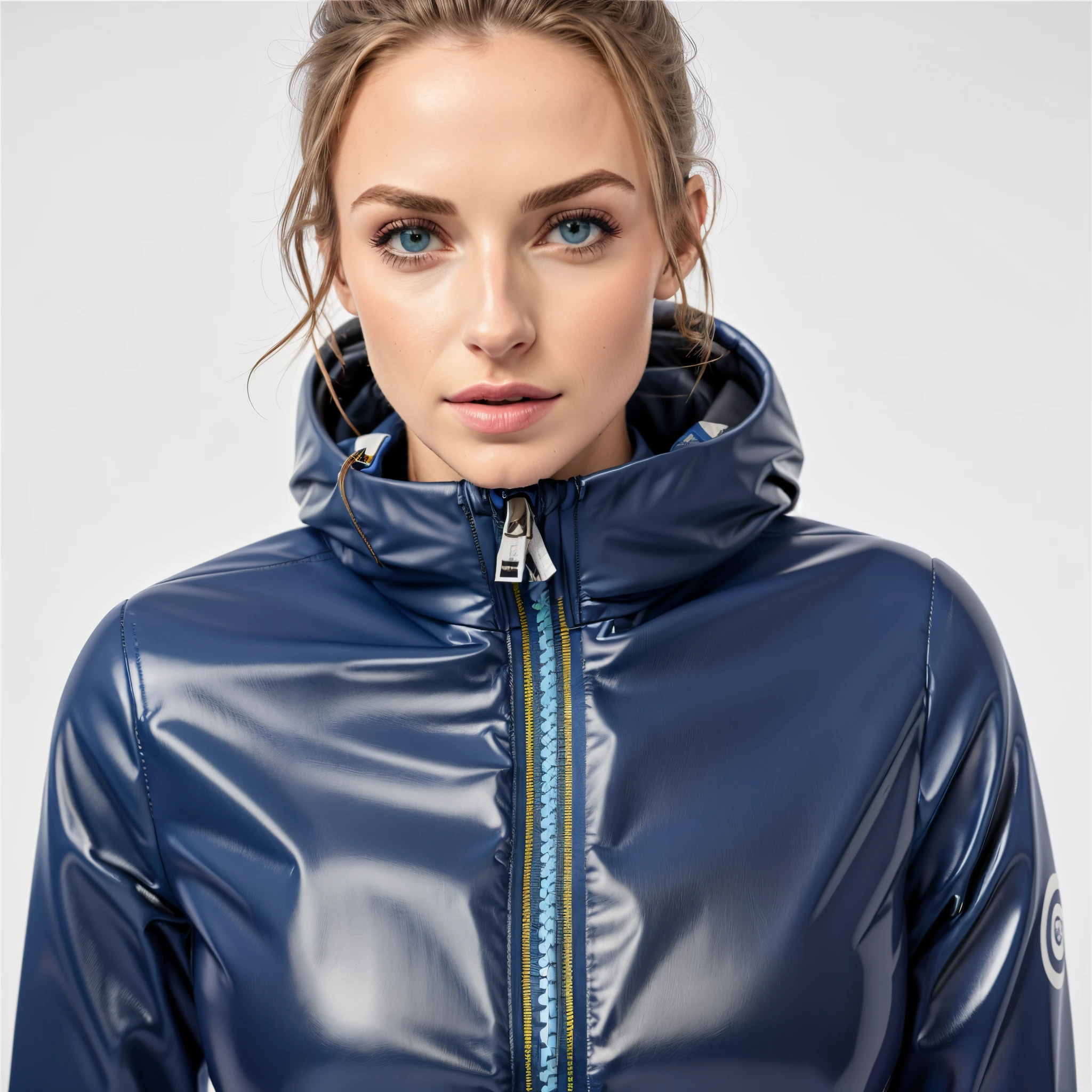 um close de uma mulher vestindo uma jaqueta azul com capuz, encapuzado, imagem de perfil, roupas esportivas, suit jacket, brilhante brilhante reflexivo, 2 0 2 0 moda, roupas esportivas, she is wearing a wet coat, jaqueta esportiva, Esposa, jaqueta curta, Jaqueta azul, 2 mulheres techwear, jaqueta azul harmonia, casaco longo fechado azul skintight, azul-marinho