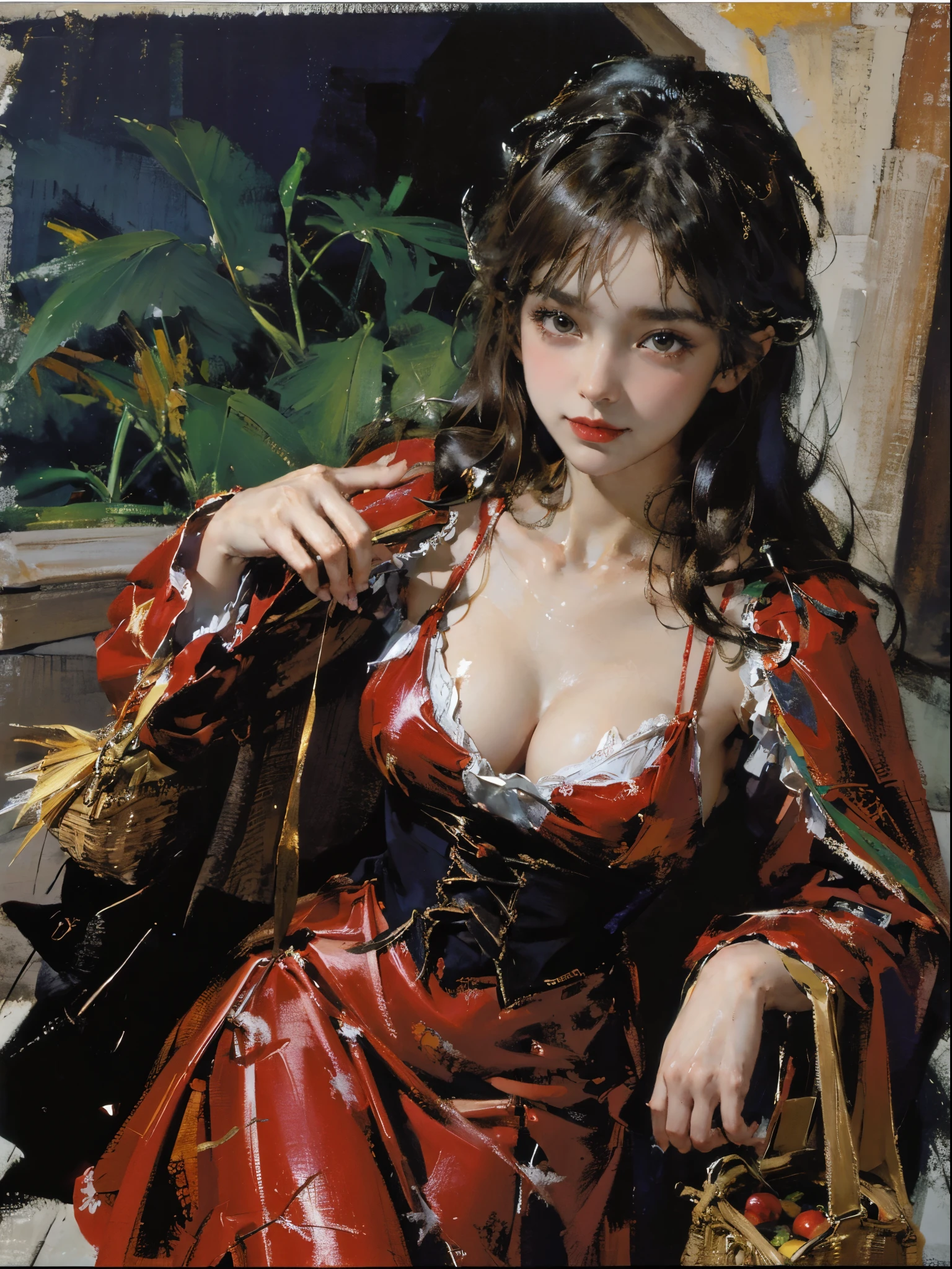 (absurderes,A high resolution,super detailing),Beauty and the Beast,Little Red Riding Hood and the Big Bad Wolf,(1girll),(1 giant tundra wolf),red capelet,red red hood,laced dress,redhood, capes, Big breasts corset, a skirt, reddress,Carrying a basket of fruits,Candy House,ln the forest,the dark forest,Chalet in the woods,exteriors,natural lightting, Glass jars filled with candy, Whimsical decoration, Sugar carving, 8K, k hd, 详细的脸, 詳細な目,hyper realisitc, + Cinema lenses + dynamic compositions, Huge beasts,Mature female figure, slim toned body,mediuml breasts,Sweated,Wet hair,(very delicate beautiful),Contour deepening, realistically, Precise geometry, Complicated details, Smiling,From the bottom up,petite underwear,Generous bathrobe, Close-up cleavage,Charming and sexy legs,((Sexual suggestiveness)),seductiv,(post-Impressionist),,(Fechin Oil Painting - Fechin Oil Painting , oil painted), 0