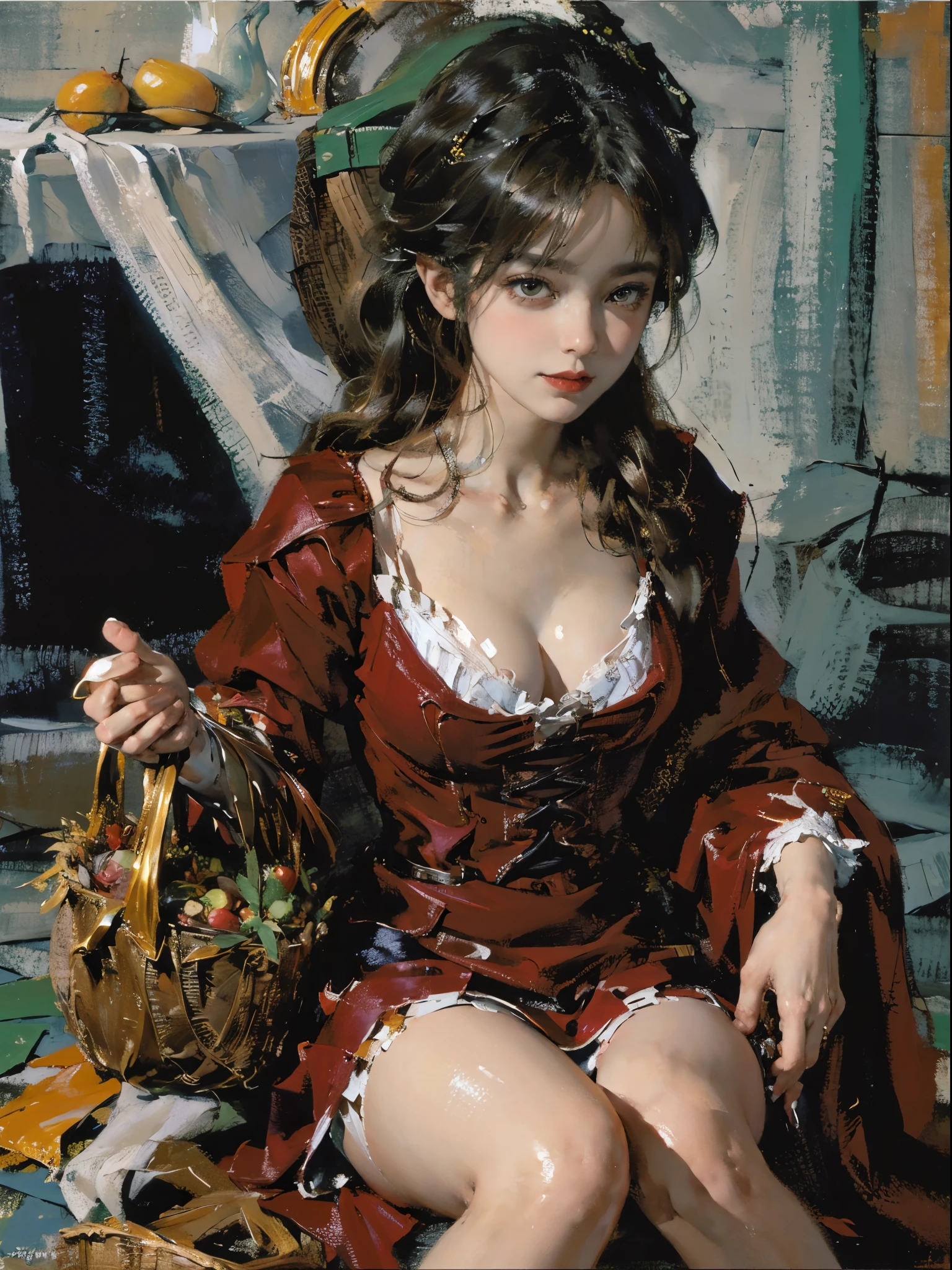 (absurderes,A high resolution,super detailing),Beauty and the Beast,Little Red Riding Hood and the Big Bad Wolf,(1girll),(1 giant tundra wolf),red capelet,red red hood,laced dress,redhood, capes, Big breasts corset, a skirt, reddress,Carrying a basket of fruits,Candy House,ln the forest,the dark forest,Chalet in the woods,exteriors,natural lightting, Glass jars filled with candy, Whimsical decoration, Sugar carving, 8K, k hd, 详细的脸, 詳細な目,hyper realisitc, + Cinema lenses + dynamic compositions, Huge beasts,Mature female figure, slim toned body,mediuml breasts,Sweated,Wet hair,(very delicate beautiful),Contour deepening, realistically, Precise geometry, Complicated details, Smiling,From the bottom up,petite underwear,Generous bathrobe, Close-up cleavage,Charming and sexy legs,((Sexual suggestiveness)),seductiv,(post-Impressionist),,(Fechin Oil Painting - Fechin Oil Painting , oil painted), 0
