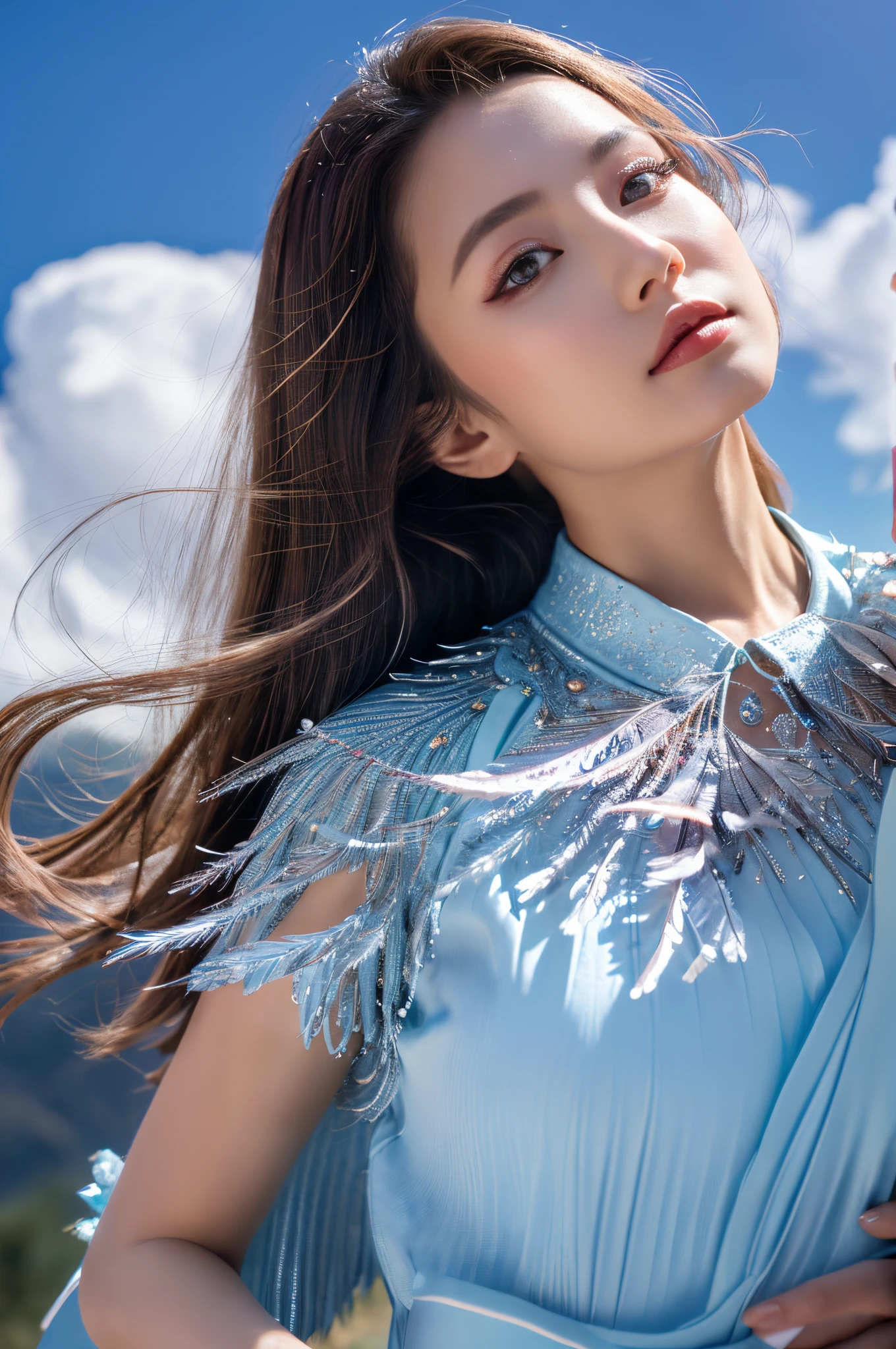 (tmasterpiece, top-quality, Best quality at best, extreme hight detail, extreme hight detail, offcial art, Beauty and aesthetics: 1.2), asiagirl,  upperbody shot, pretty  face, Alone, perfect bodies, Fly in the sky, portrait of one girl, Silver gradient hair, brunette color hair, faeries, Ambilight, (sexy for), suns rays, ​​clouds, Hanfu, Chinese clothes, Eau, glowworm , the night, starrysky, jewely, feathers on clothes, Peacock feathers, Light particles,