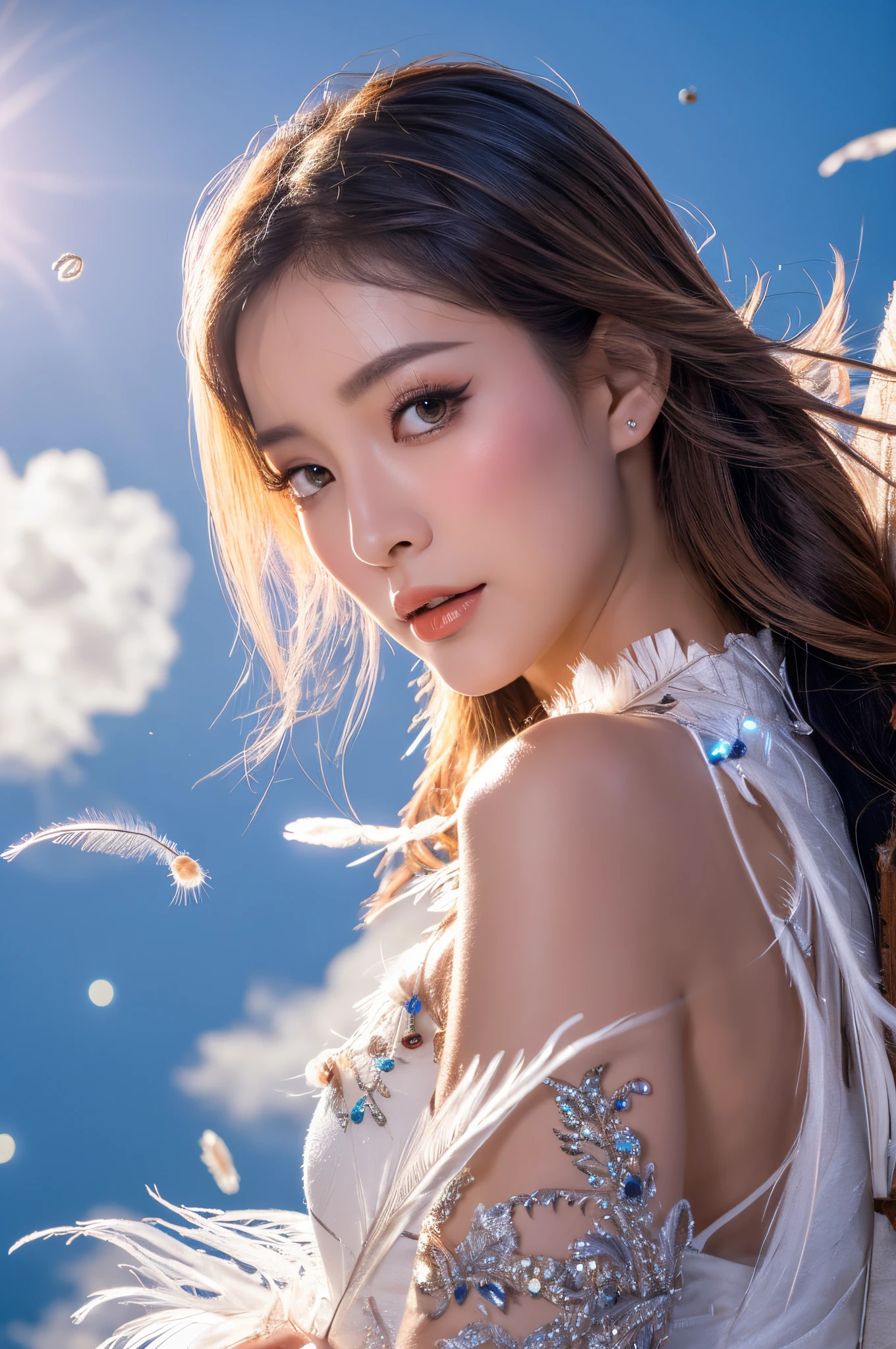 (tmasterpiece, top-quality, Best quality at best, extreme hight detail, extreme hight detail, offcial art, Beauty and aesthetics: 1.2), asiagirl, upperbody shot, pretty face, Alone, perfect bodies, Fly in the sky, portrait of one girl, Silver gradient hair, brunette color hair, faeries, Ambilight, (sexy for), suns rays, clouds, Hanfu, Chinese clothes, Eau, glowworm , the night, starrysky, jewely, feathers on clothes, Peacock feathers, Light particles,
