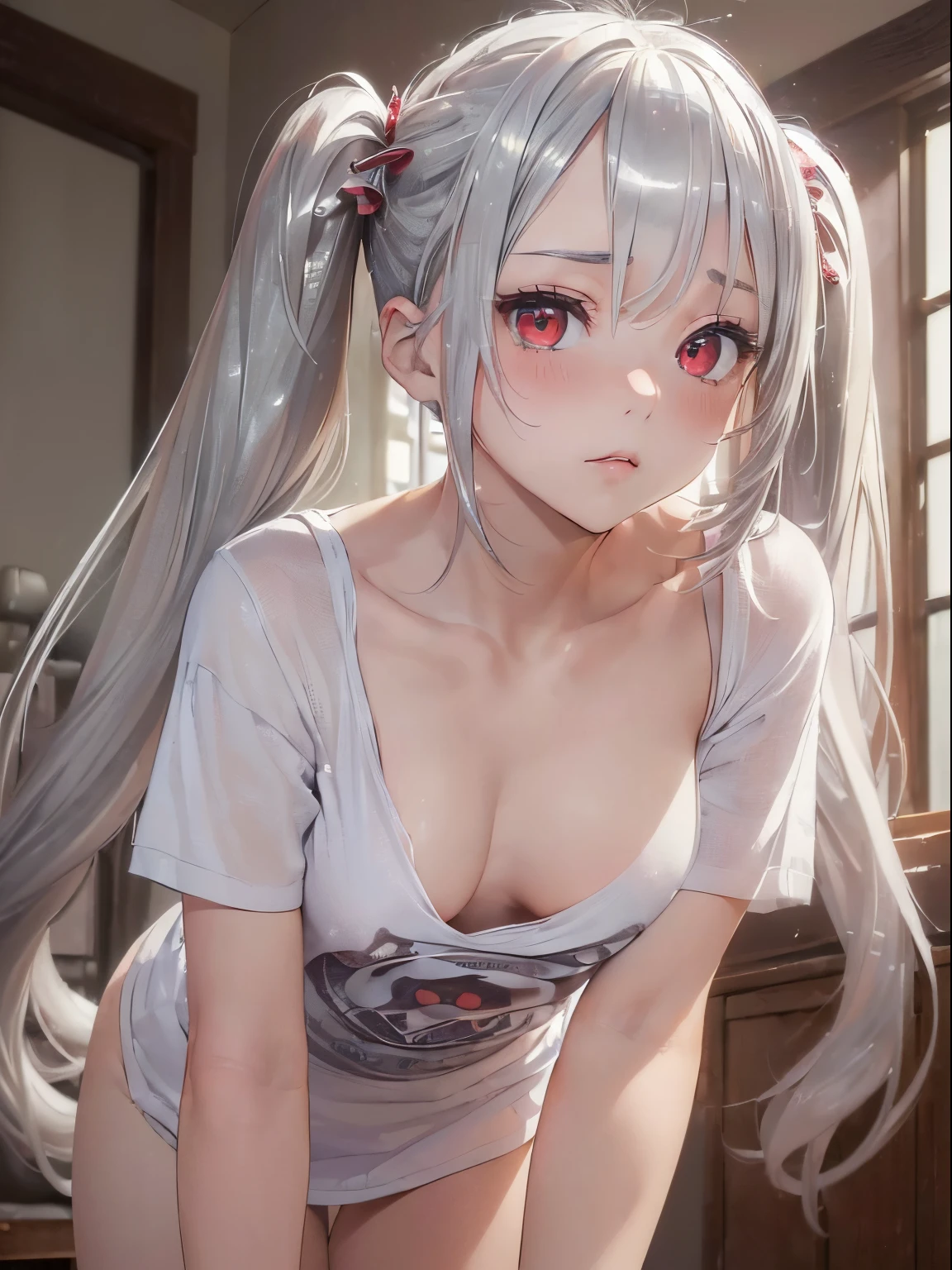 (masterpiece:1.5), (best quality:1.5),(high resolution:1.5),(beautiful pretty cute face:1.3),(beautiful detailed eyes:1.2),(tsurime:1.2), (silver hair:1.6),(long twintails:1.4),(red eyes:1.2),(upper body:1.4), looking at viewer,(small breasts:1.2),(1girl:1.2),(solo:1.2),embarrassed,topless,(cute pink nipples),bedroom,(leaning forward:1.5),(downblouse:1.2),(loose t-shirt:1.2) ,
