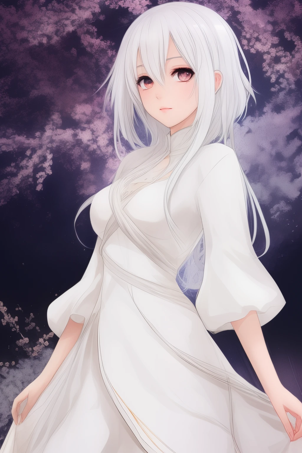 Draw a girl with white hair and wearing a white dress in anime style.