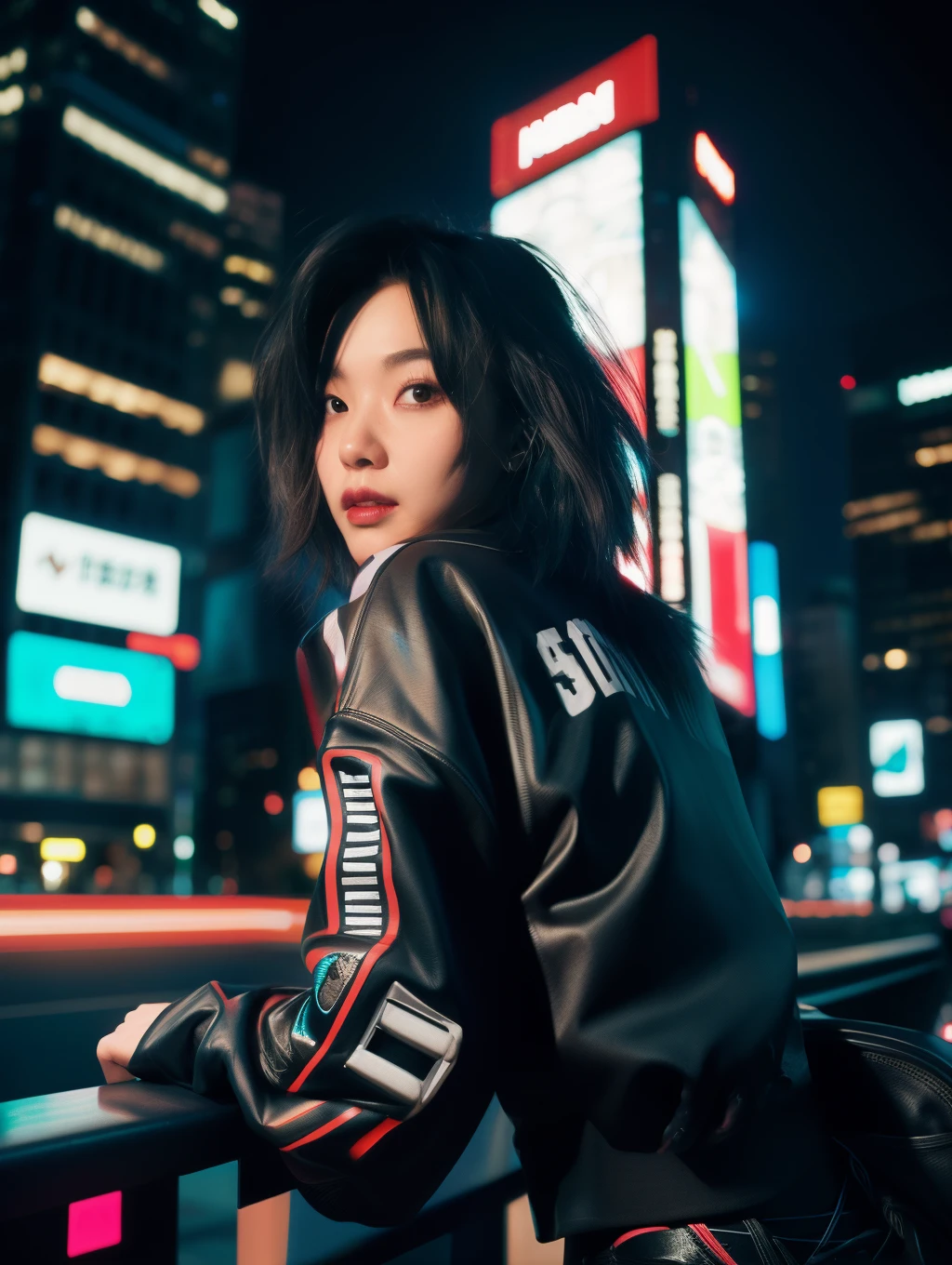 ​masterpiece、hightquality、Soio、beautiful model、Back lighting、beautiful hairl、A detailed eye、À la Fed woman sitting on a city bench with neon sign, Cinematic. leng jun, Anime style mixed with Fujifilm, mid shot portrait, cyberpunk streetwear, Inspired by Liam Wong, inspired by Kanō Naizen, cyberpunk vibe, cyberpunk photo, muted cyberpunk style, Medium shot portrait, hyper-realistic cyberpunk style, wearing cyberpunk streetwear、Powerful Hand Pose、low angles、14mm lens、sigma、F1,4、Depth of subject、8K High Resolution、细致背景、Drawing with enhanced hair details、A detailed face、more hair、Detailed nose、Detailed mouth、Detailed body、stares at the camera、Hair details
