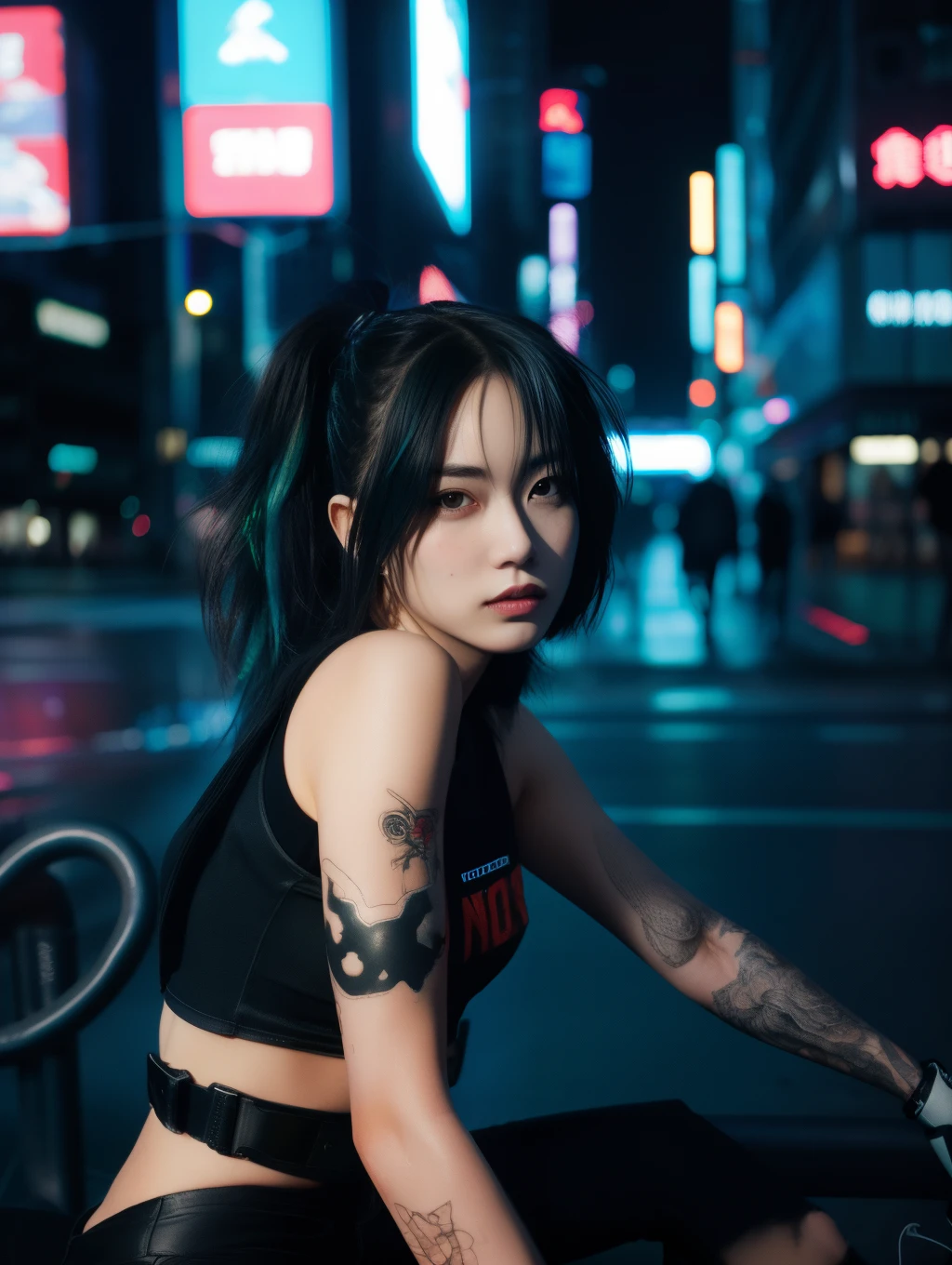 masterpiece、hightquality、Soio、beautiful model、Back lighting、beautiful hairl、A detailed eye、À la Fed woman sitting on a city bench with neon sign, Cinematic. leng jun, Anime style mixed with Fujifilm, mid shot portrait, cyberpunk streetwear, Inspired by Liam Wong, inspired by Kanō Naizen, cyberpunk vibe, cyberpunk photo, muted cyberpunk style, Medium shot portrait, hyper-realistic cyberpunk style, wearing cyberpunk streetwear、Powerful Hand Pose、low angles、14mm lens、sigma、F1,4、Depth of subject、8K High Resolution、细致背景、Drawing with enhanced hair details、A detailed face、more hair、Detailed nose、Detailed mouth、Detailed body、stares at the camera、Hair details