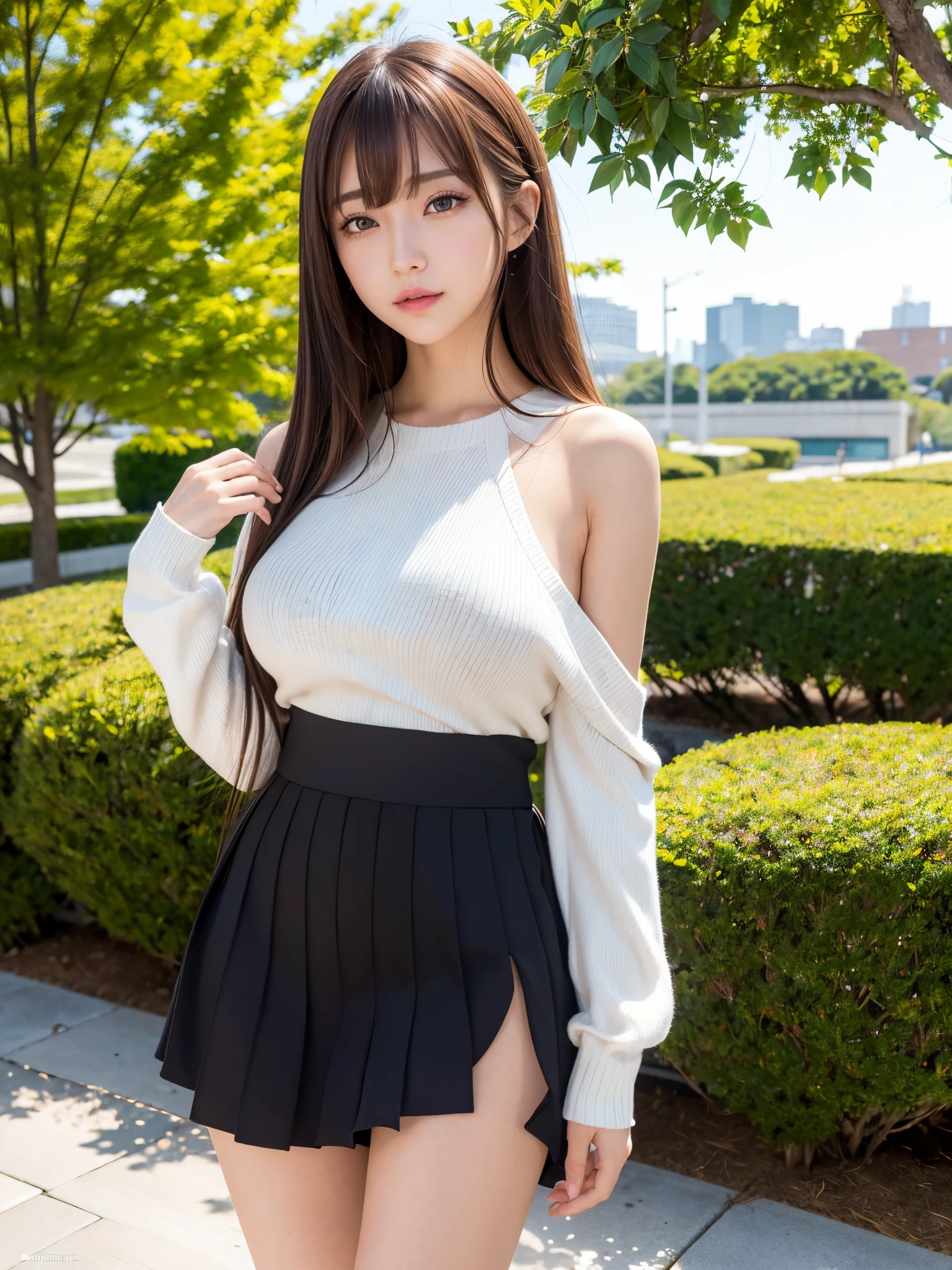 ((masterpiece)), ((best quality)), (ultra-detailed), realistic, real, dynamic angle, face close-up,front view, a Japanese young pretty girl ,city, town, daytime, autumn, glamorous figure ,long bob hair ,1girl, solo, Off-the-shoulder knit ,miniskirt, ((beautiful eyes)), large breast, (a big smile), hyper cute face, glossy lips, double eyelids for both eyes, natural makeup, shiny smooth light brown hair of long bob hair, asymmetrical bangs, high resolution, high detail, detailed hairstyle, detailed face, cinematic lighting, octane rendering, hyper realistic, perfect limbs, perfect anatomy