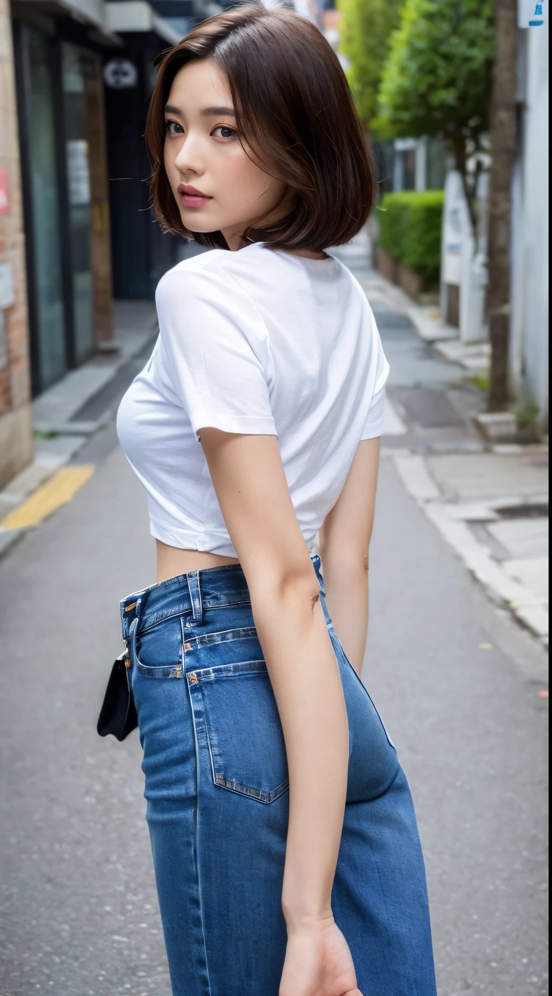 ((top-quality、8K、masterpiece:1.3))、foco nítido:1.2、Beautiful woman perfect body:1.4、Slim abs:1.2、((Bob Hair、:1.2))、(White T-shirt、denim:1.1)、(Sateen、a street:1.2)、wetbody:1.5、Three-dimensional texture、A detailed eye、Brown hair、posterior view