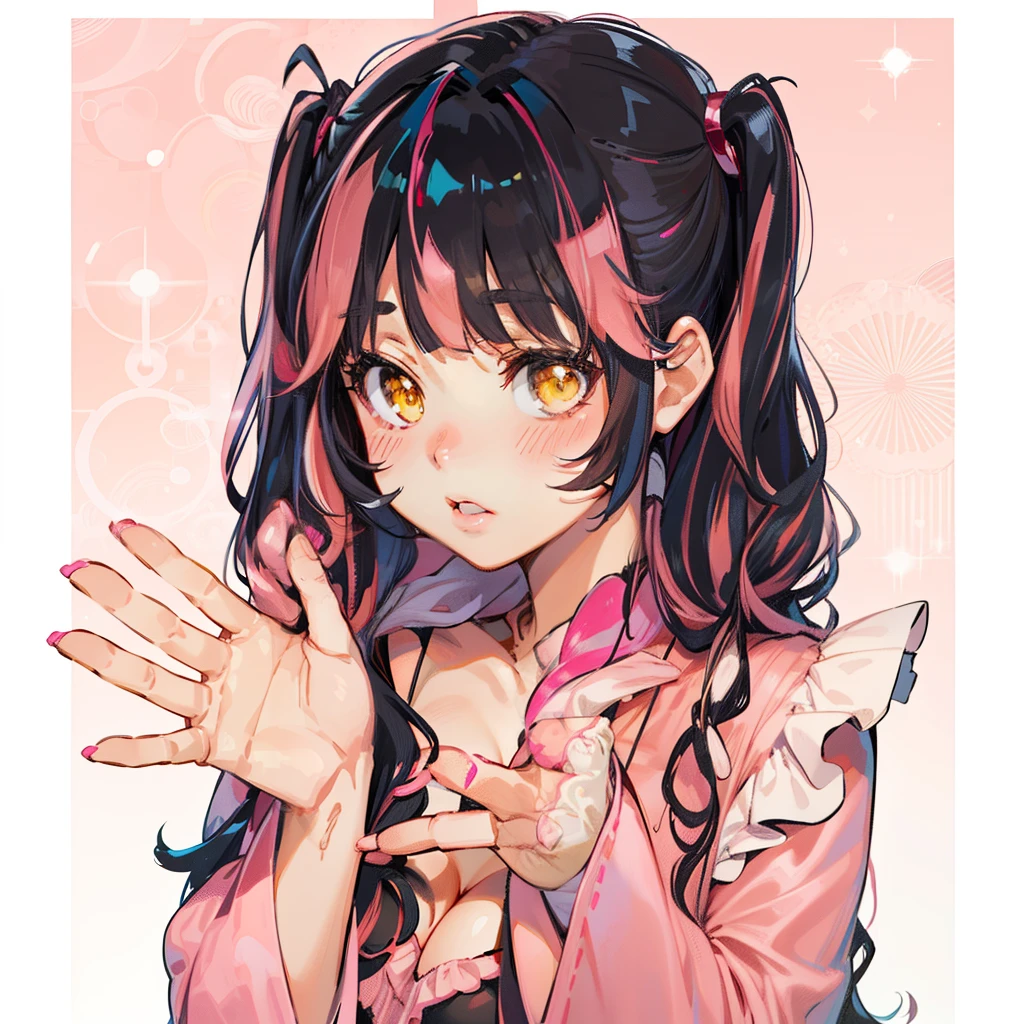 blush, cleavage,red fingerless gloves,glowing aura, natural light, masterpiece,  glossy skin, juicy lips ,long hair, cute, kawaii, adorable, reaching up, adult, cuddle, kawaii clothes,random hair style, random clothes, black hair, (((pink streaks in hair))), yellow eyes,