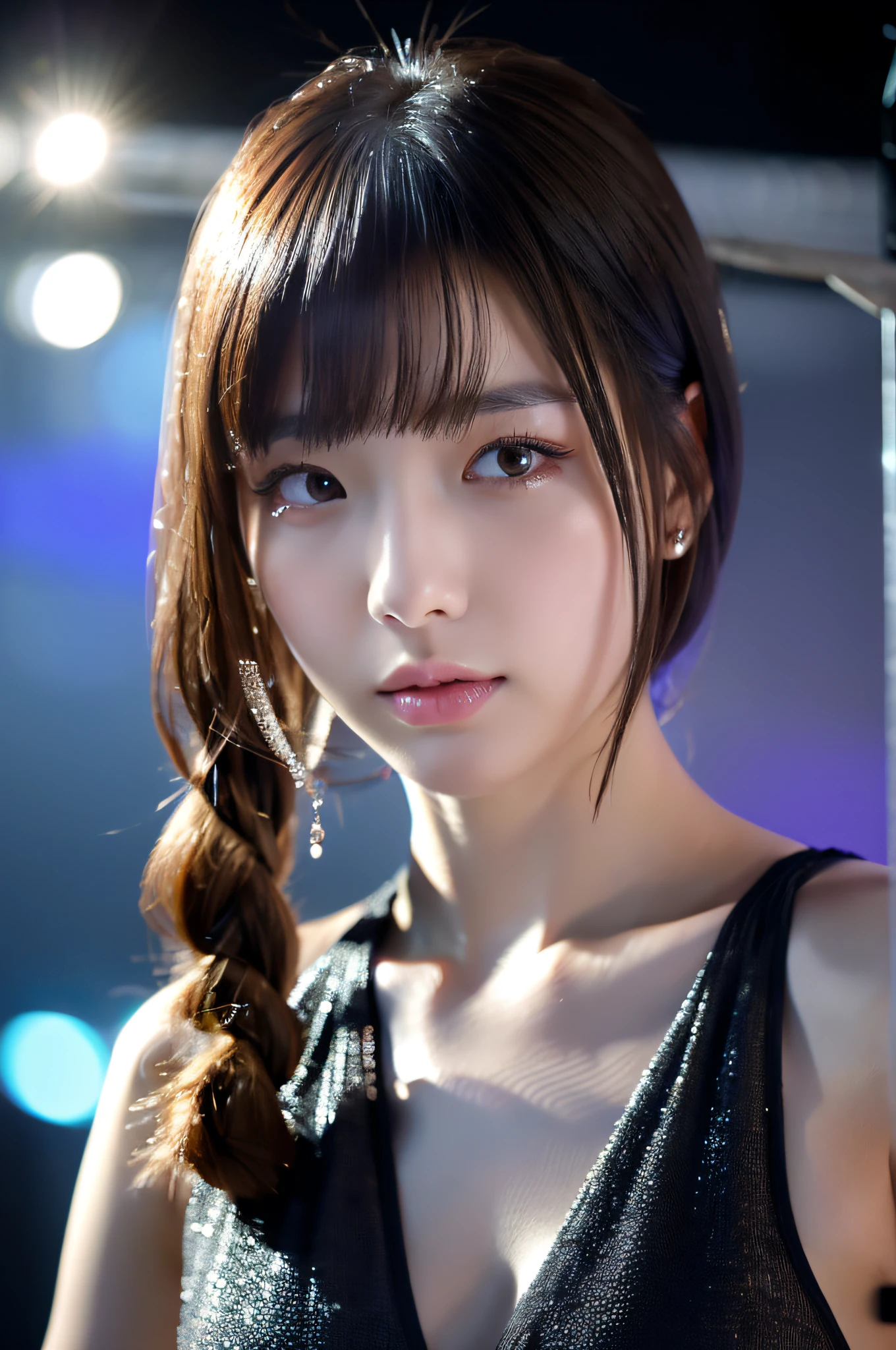 巨作、beste Quality, 1girls, (Skindentation), {{Too huge breasts!!}}, (days), Brighter, blured background, (Street:0.6), (Braided bangs, hair wavy:1.5), (see-through shirts:1.8), (negligee:1.8),gorgeou, (Floating hair:1.2), (dinamic pose:1.8), Soft lighting,