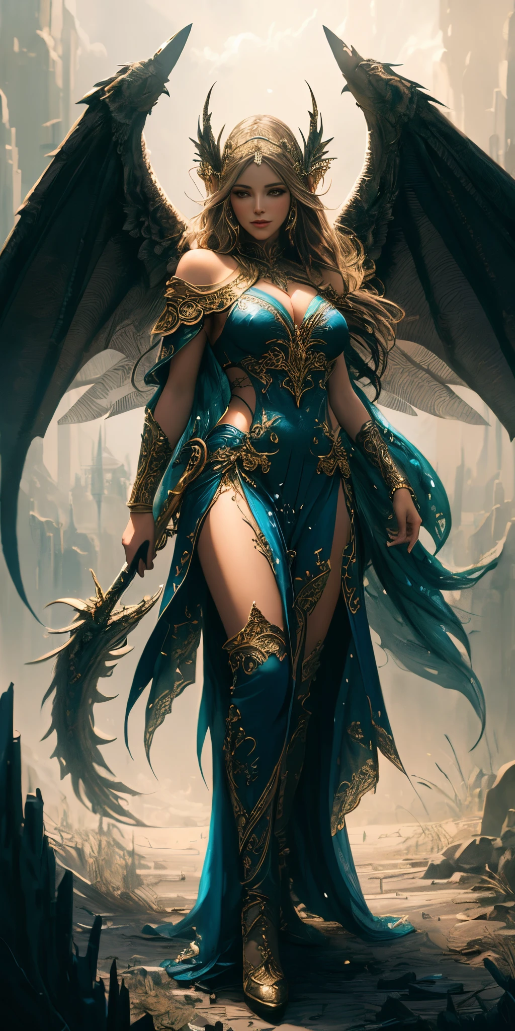 (best quality: 1.1), (masterpiece: 1.1), detailed, perfect anatomy, a closeup of a woman with gorgeous brown eyes face in a costume with a dragon on her shoulder, costume costume, cinematic goddess body shot, majestic full-body angel, elegant cinematic pose, hyperdetailed full-body shot, hyper-detailed fantasy character, full-body image,  as a mystical valkyrie, detailed full body, beautiful and elegant elf queen, unreal render engine + a goddess, moody lighting, brightness, mysterious, mystical, magical, rim lighting, vibrant, psychedelic, colorful, intricate, elegant, sharp focus, highly detailed, digital painting, conceptual art, matte, masterpiece, hyper detailed ultra sharp, vibrant aesthetic, blood wave, colorful, psychedelic, ornate, intricate, digital painting,  concept art, smooth, sharp focus, illustration, beautiful female,