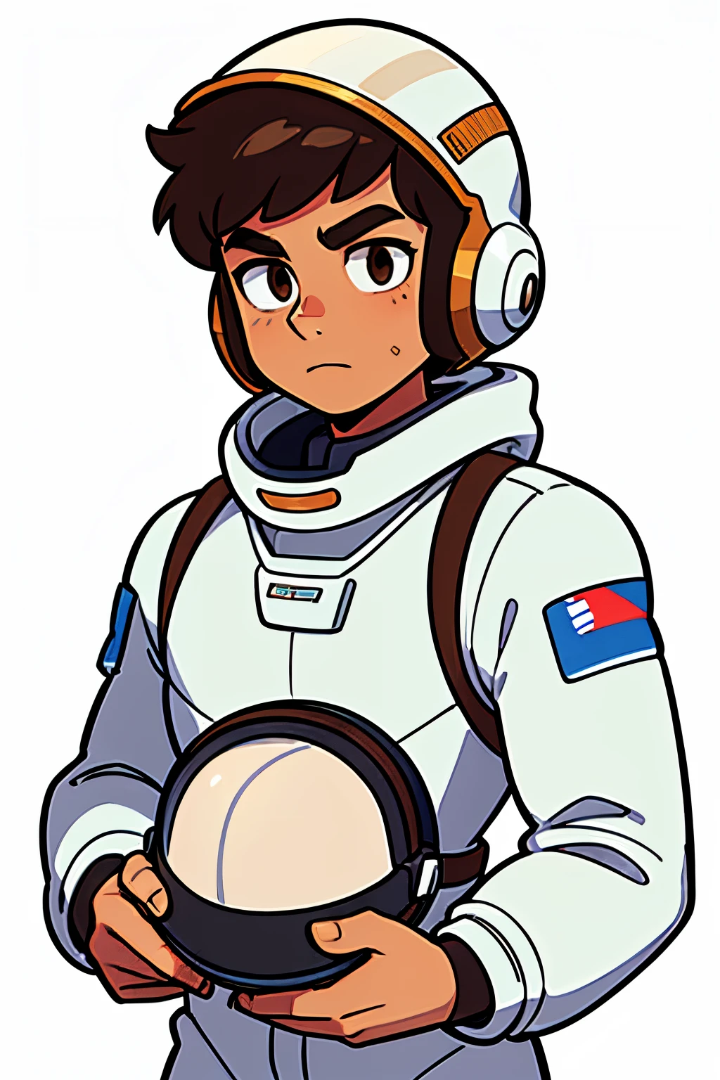 handsome and asethetic, masterpiece, white background, plain background, best quality, drawing of a of a chest up of a man in a retro spacesuit with reflective helmet, covered face. brown eyes