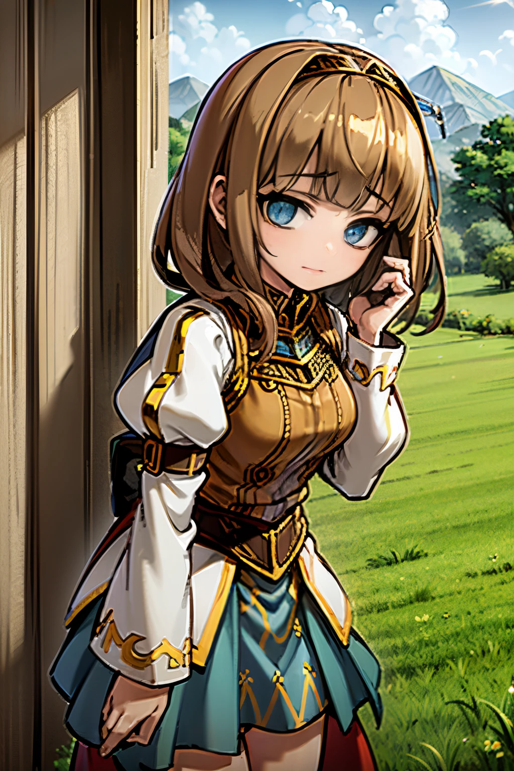 Young girl, brown hair, blue eyes, shy face, wearing a medieval outfit, in a green plains, greenlands, 4k, masterpiece