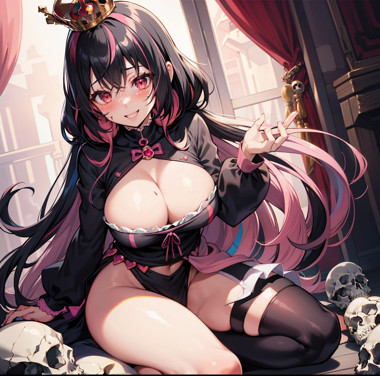 blush, cleavage,, red eyes, red fingerless gloves,glowing aura, natural light, masterpiece, glossy skin, juicy lips ,long hair, cute, kawaii, adorable, reaching up, adult, cuddle, kawaii clothes,random hair style, random clothes, black hair, (((pink streaks in hair))), yellow eyes, snorting cocaine, foaming at mouth, smile, princess crown, sitting on skulls, ((skulls ornament)), blood, ((black hair))