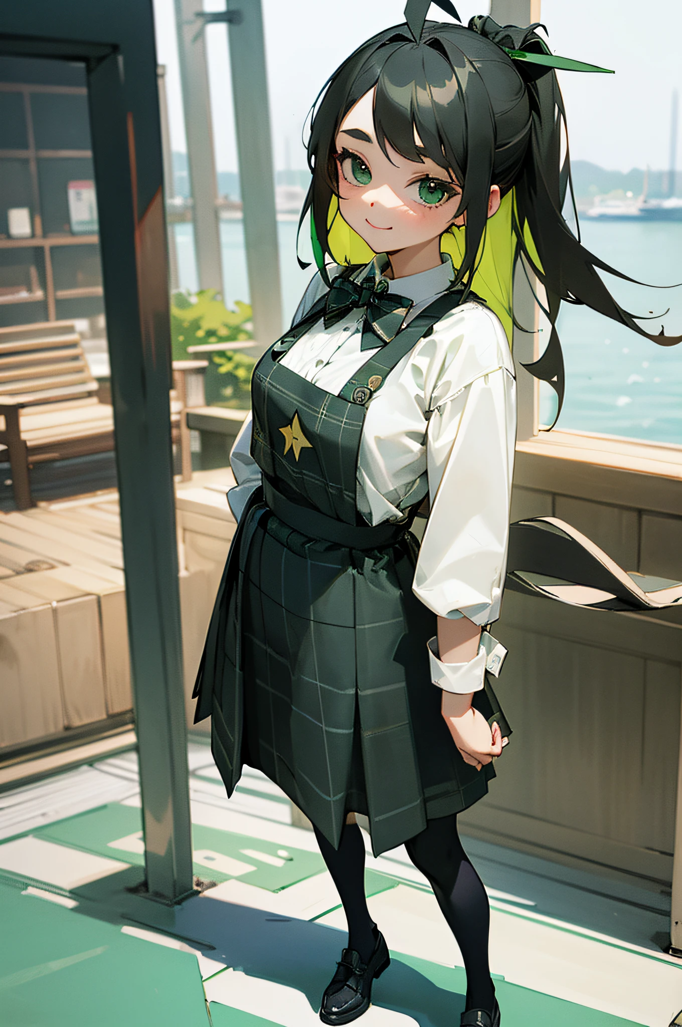 background:(starbacks coffee,harbor-land,kobe,japan:1.3),(chibi:1.0), (masterpiece, best quality), 1girl, standing, slightly lean forward, lift the skirt, full body. BREAK girl, 16 yo, (neat girl:1.3), (black long hair, antenna hair, colored inner green,split color), green eyes, (round eyes:1.2), (middle breasts, 3d rendering:1.21), BREAK, (Checkered Pinafore:1.3),Y-shirt,bow tie. smile, (deformed:1.0).