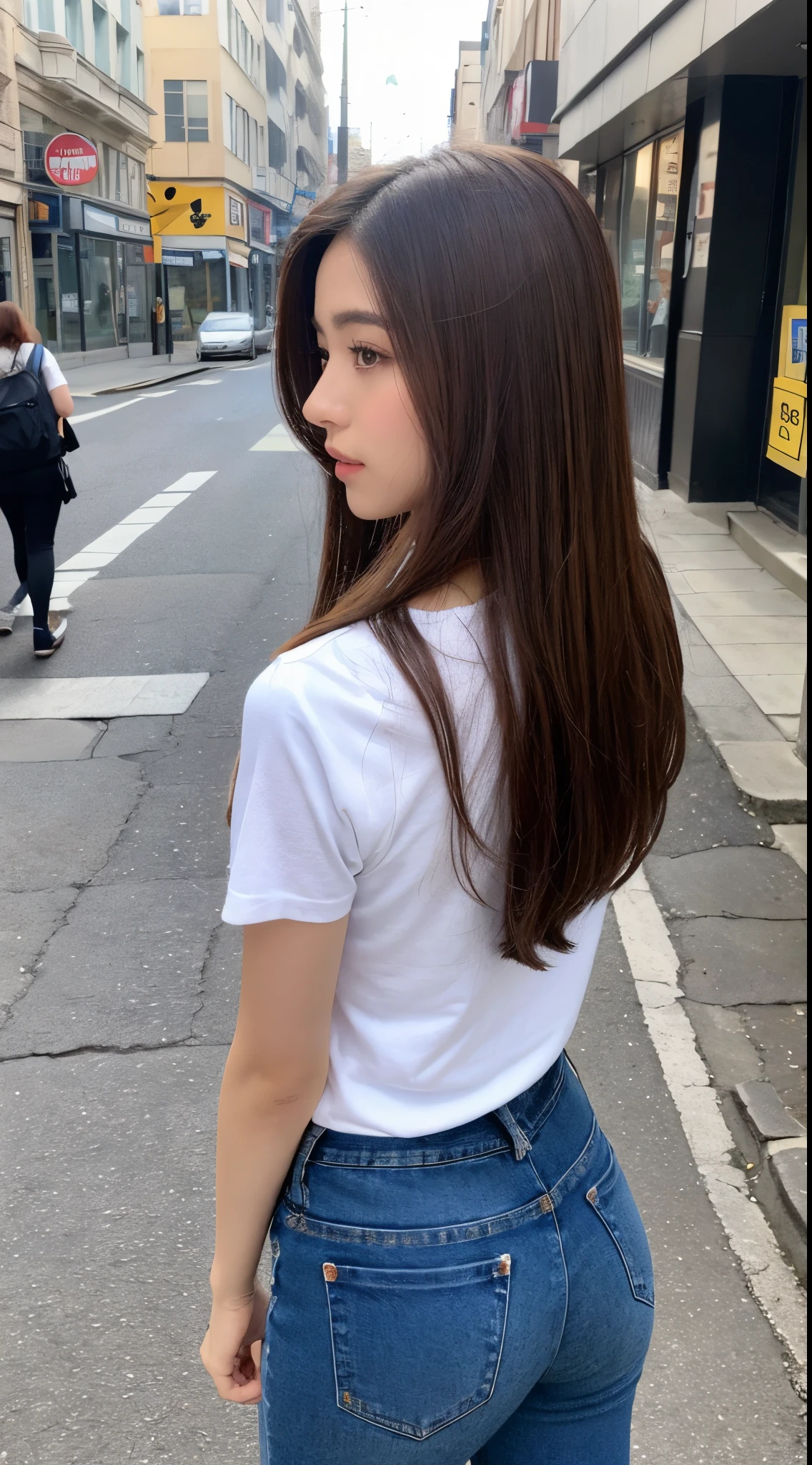 ((top-quality、8K、​masterpiece:1.3))、foco nítido:1.2、Beautiful woman perfect body:1.4、Slim abs:1.2、((Bob Hair、:1.2))、(White T-shirt、denim:1.1)、(Sateen、a street:1.2)、wetbody:1.5、Three-dimensional texture、A detailed eye、Brown hair、posterior view