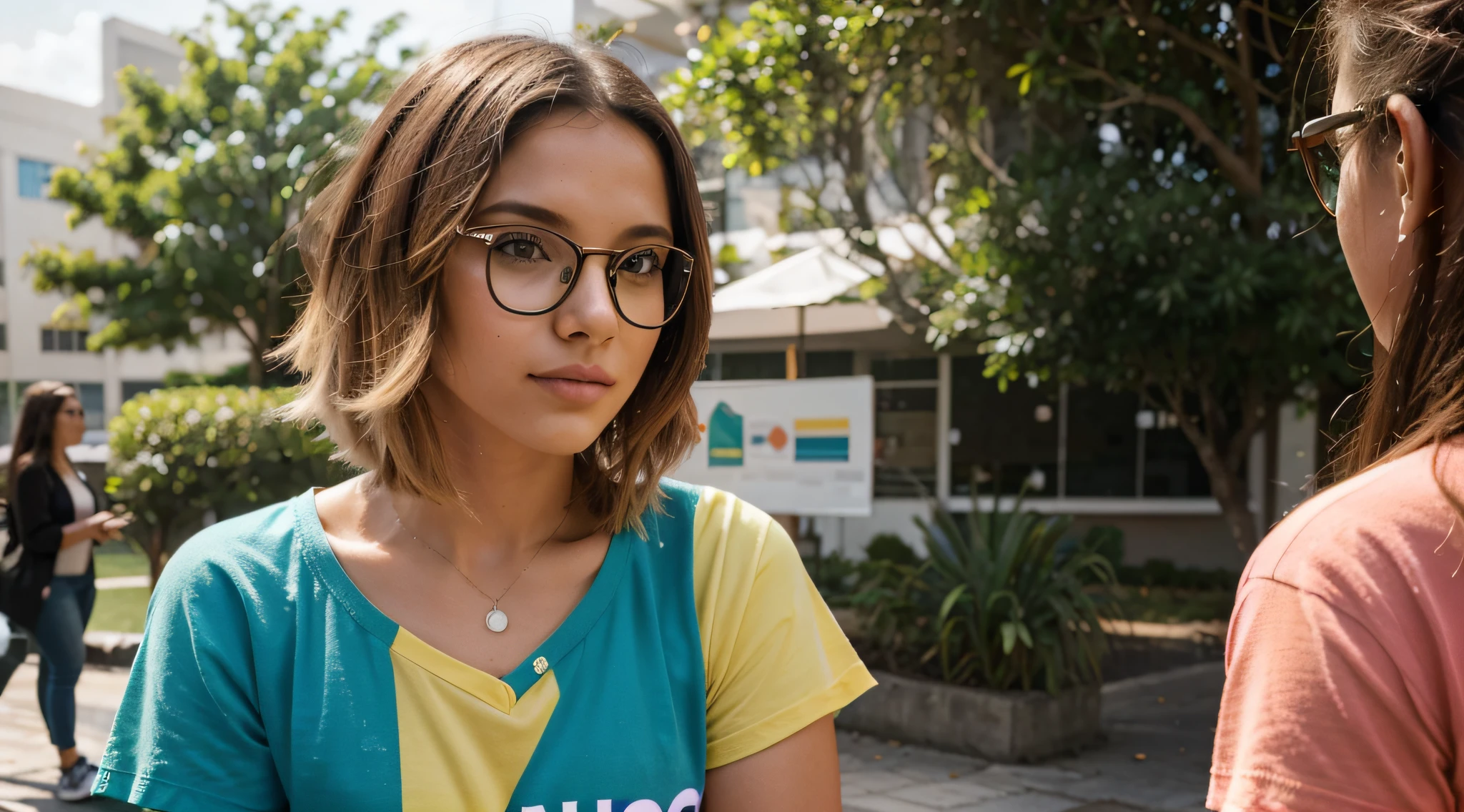 No brilho suave de uma tarde ensolarada no campus da faculdade, um modelo confiante e vibrante com short, cabelo loiro adornado com as cores do LGBTQI+ espectro exala individualidade e orgulho. With fair skin and a pair of stylish glasses, ela adiciona um toque intelectual ao seu conjunto expressivo e colorido.
Vestida com uma roupa moderna, the model shows her unique style. A luz do sol banha o campus com calor, casting a soft play of light and shadows in the environment. The camera expertly captures the subtle details of your appearance, destacando as texturas de suas roupas e os elementos naturais do ambiente.
Seu curta, Blonde hair is a canvas for a playful display of LGBTQI+ cores, creating a dynamic and attractive effect. Colors are carefully woven into the hair, symbolizing inclusion and diversity. Glasses add a touch of sophistication, complementando o visual geral.
Facial features are carefully portrayed, capturing the essence of confident and expressive behavior. The glasses enhance the model'apelo intelectual, while his engaging gaze adds depth and personality to the scene.
Camera angles offer multiple perspectives, capturando a modelo em movimento enquanto ela navega pela cena do campus. As cores vibrantes do seu cabelo se destacam no verde, creating a visually stunning and celebratory display of individuality and pride.
This detailed image aims to celebrate the radiant diversity and unique style of a short-length model., cabelo loiro adornado em LGBTQI+ cores, wearing glasses and confidently embracing her identity on a college campus.