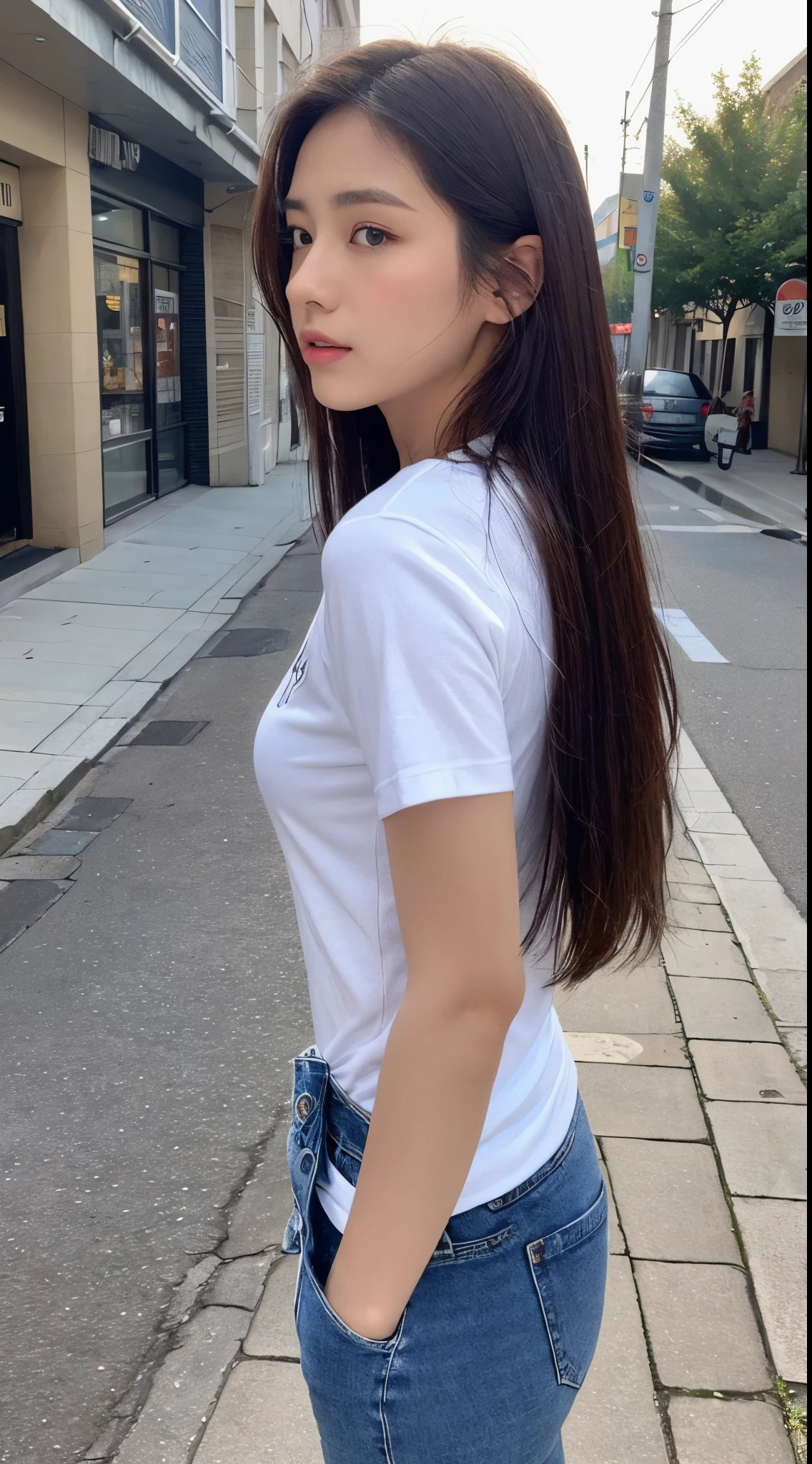 ((top-quality、8K、masterpiece:1.3))、foco nítido:1.2、Beautiful woman perfect body:1.4、Slim abs:1.2、((Bob Hair、:1.2))、(White T-shirt、denim:1.1)、(Sateen、a street:1.2)、wetbody:1.5、Three-dimensional texture、A detailed eye、Brown hair、From Side