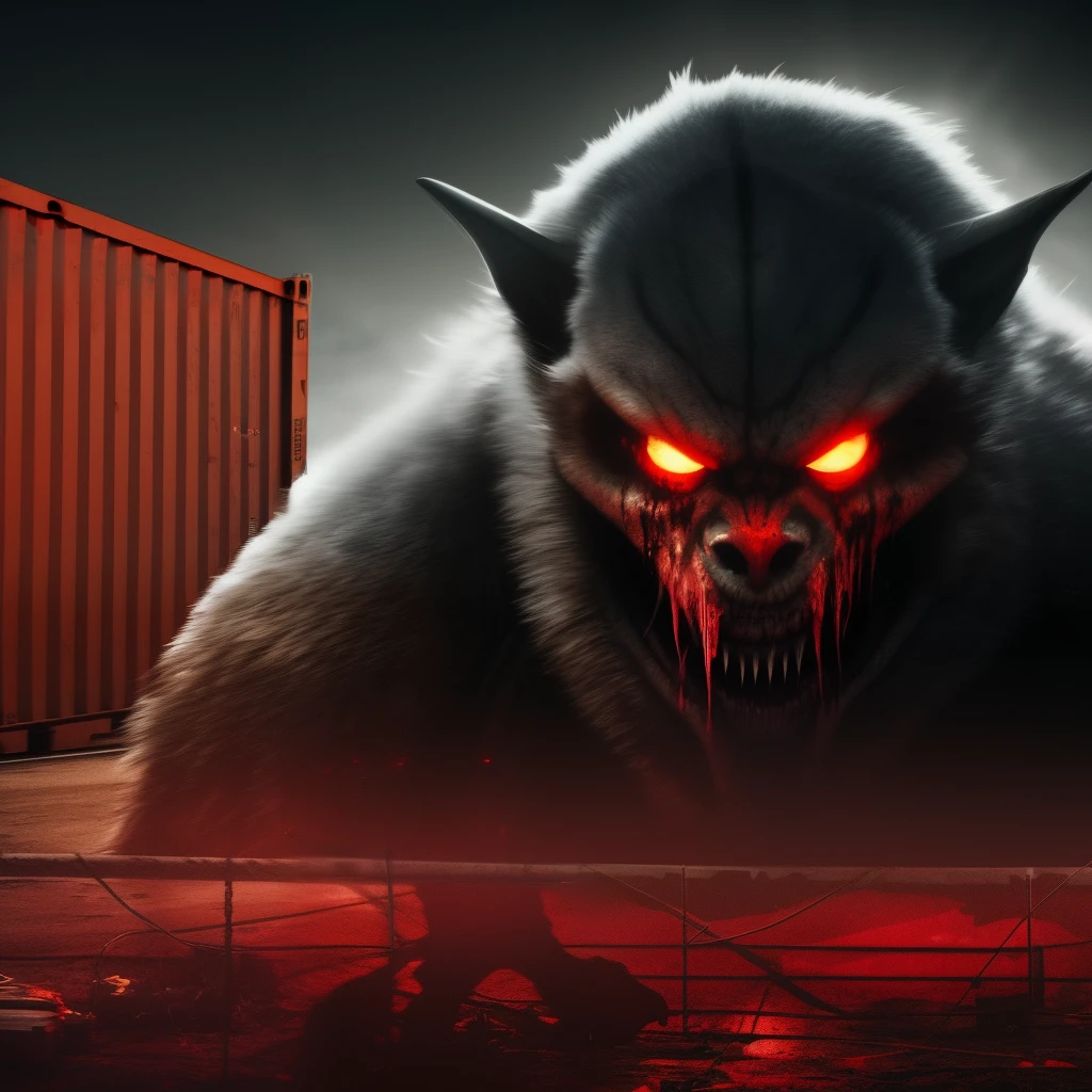A wounded thug leans against a cargo container, blood dripping from his forehead, as a menacing shadow of a monstrous creature looms over him. The dim lighting highlights the desperation and fear in the thug's eyes, while the monstrous shadow adds an element of horror and suspense. The cargo container serves as a backdrop, adding an industrial and gritty atmosphere to the scene. The composition and lighting create a chilling and intense visual, leaving viewers intrigued and on the edge of their seats. --auto --s2