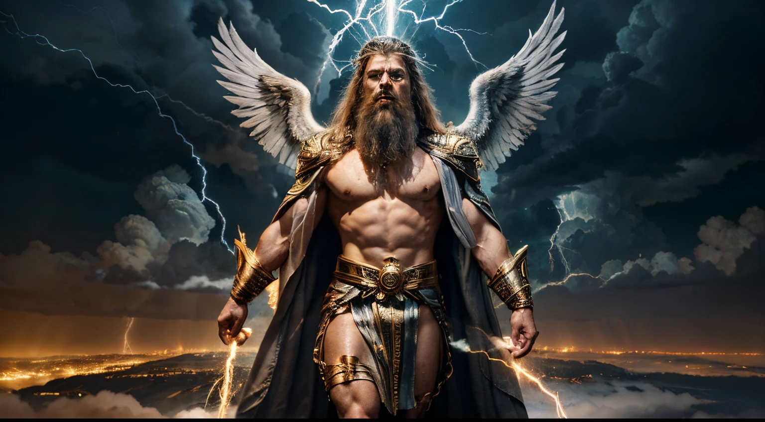 Create a god in the style of Zeus with wings and blue eyes with electricity coming out of them
