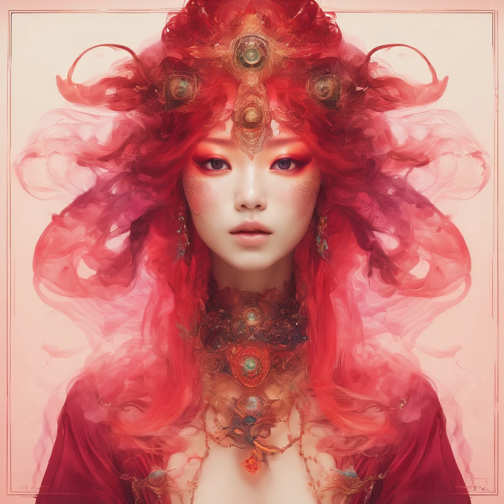 CLEAR CRIMSON ruby/sapphire/amber celestial Korean girl, amber, rave inspired, smoke stained mesh, detailed eyes/skin/hair, occultist, wild flowing, by Koos Roos