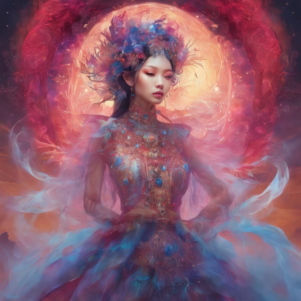 CLEAR CRIMSON ruby/sapphire/amber celestial Korean girl, amber, rave inspired, smoke stained mesh, detailed eyes/skin/hair, occultist, wild flowing, by Koos Roos