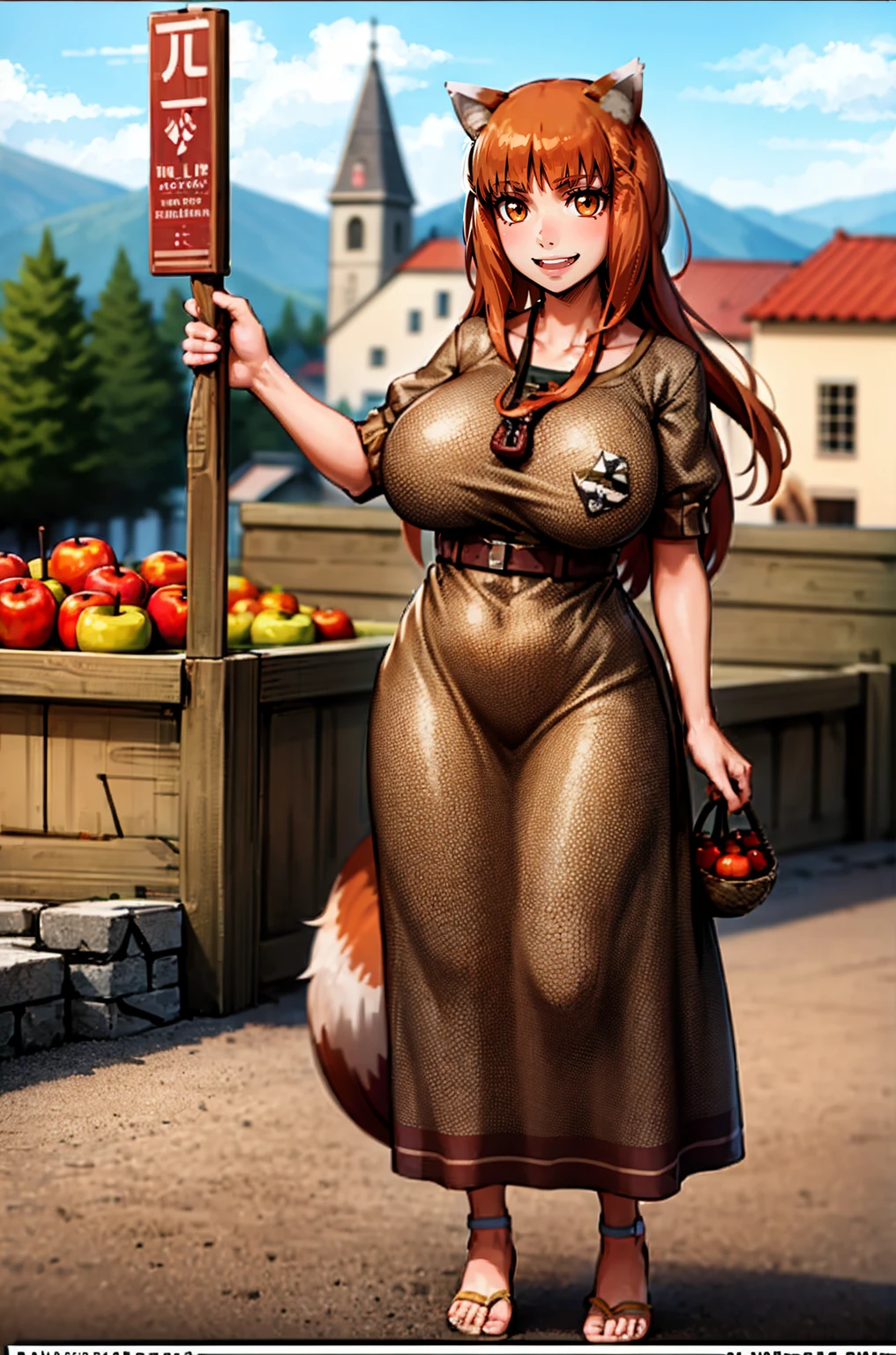 (holo:1.5), (holoBrownDress:1.5), masterpiece, best quality, absurdres, 1girl, looking at viewer, standing, cowboy shot, outdoors, medieval, cobblestone street, town, pouch, sash, smile, fruit, apple, basket,mediumbreast, curvy, silver hair, white hair, full body, flipflops,big breast