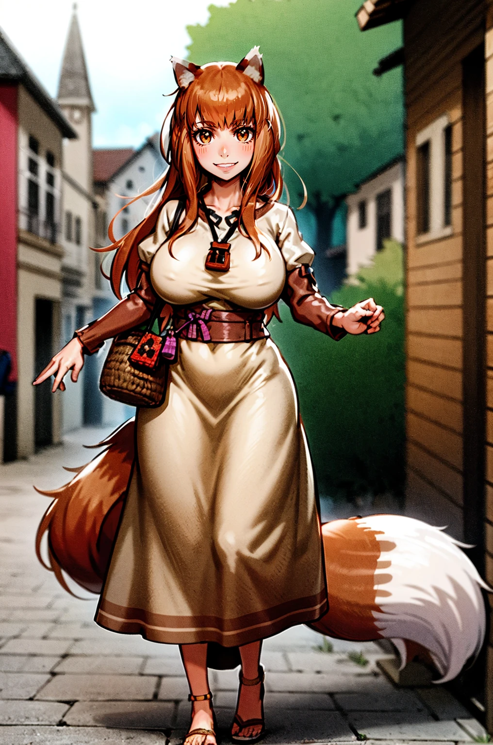 (holo:1.5), (holoBrownDress:1.5), masterpiece, best quality, absurdres, 1girl, looking at viewer, standing, cowboy shot, outdoors, medieval, cobblestone street, town, pouch, sash, smile, fruit, apple, basket,mediumbreast, curvy, silver hair, white hair, full body, flipflops,big breast