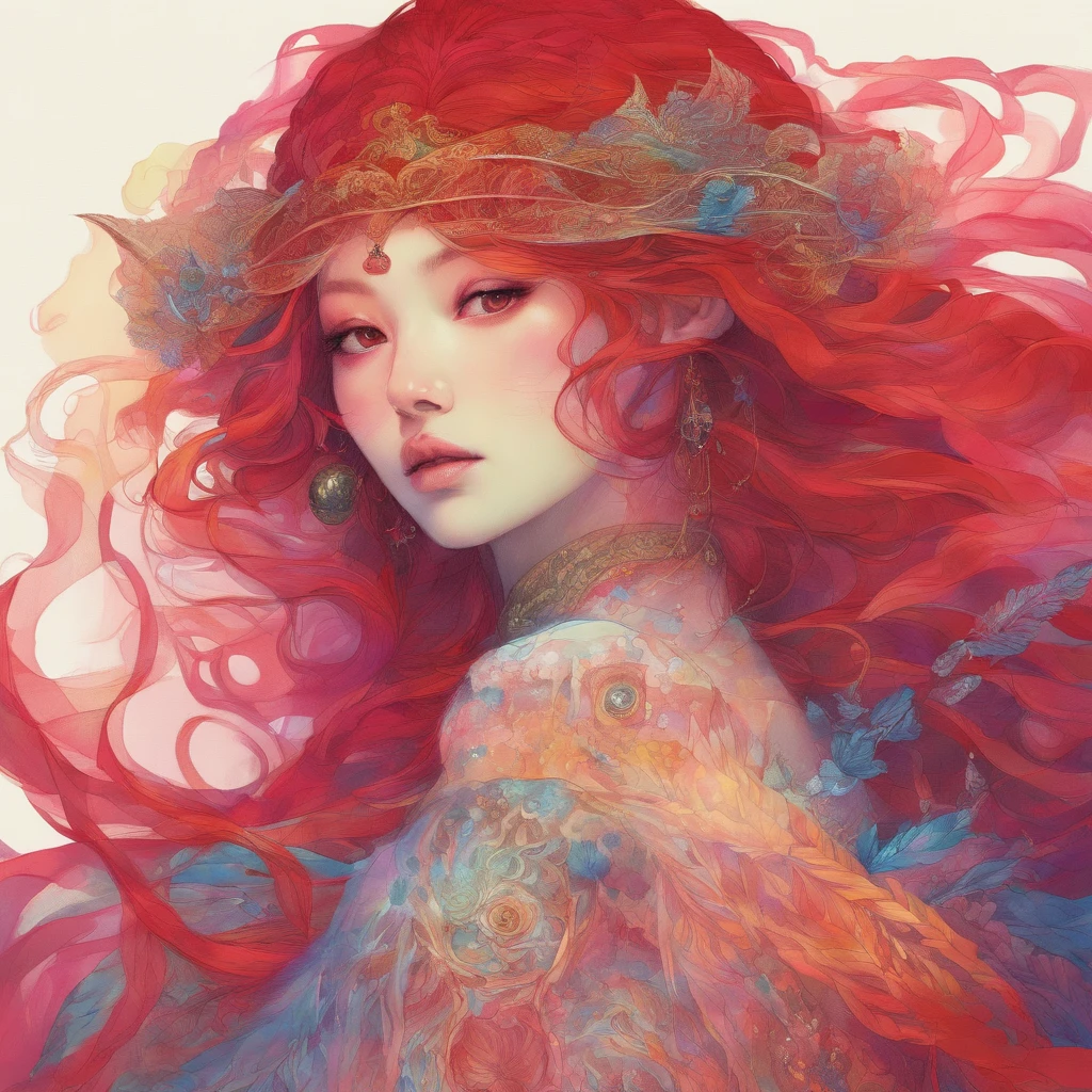 CLEAR CRIMSON ruby/sapphire/amber celestial Korean girl, amber, rave inspired, smoke stained mesh, detailed eyes/skin/hair, occultist, wild flowing, by Koos Roos