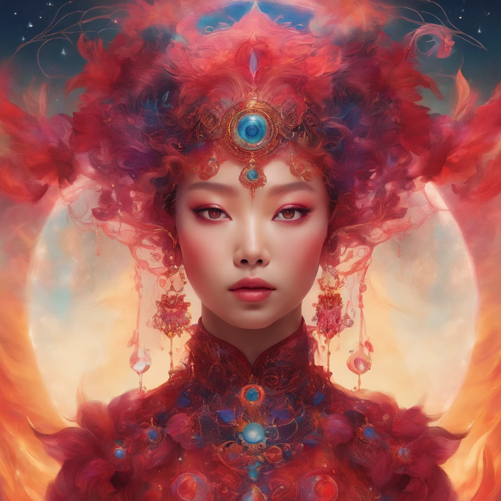 CLEAR CRIMSON ruby/sapphire/amber celestial Korean girl, amber, rave inspired, smoke stained mesh, detailed eyes/skin/hair, occultist, wild flowing, by Koos Roos
