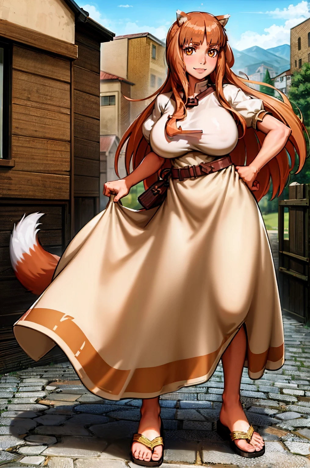 (holo:1.5), (holoBrownDress:1.5), masterpiece, best quality, absurdres, 1girl, looking at viewer, standing, cowboy shot, outdoors, medieval, cobblestone street, town, pouch, sash, smile, fruit, apple, basket,huge breast, curvy, silver hair, white hair, full body, flipflops,, smiling open mouth, fengs, teeth