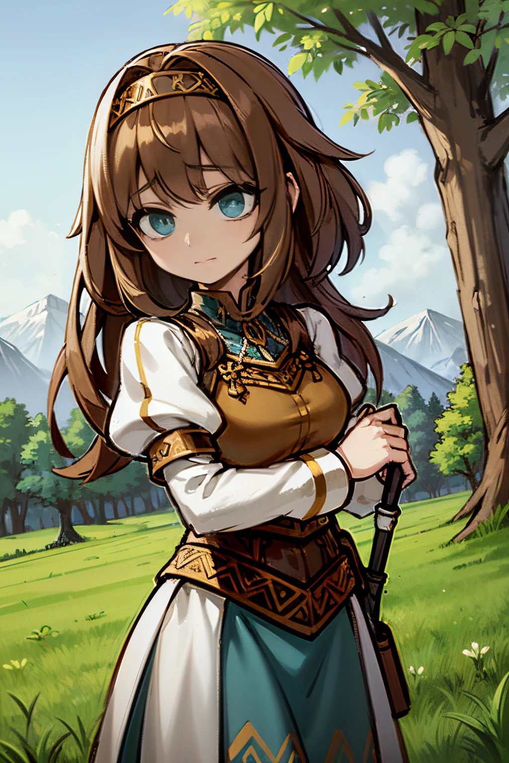 Young girl, brown hair, blue eyes, shy face, wearing a medieval outfit, in a green plains, greenlands, 4k, masterpiece