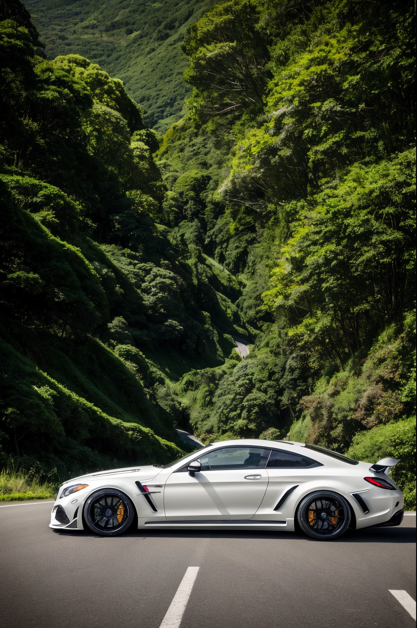 (high quality),Mercedes Benz GTR Liberty Walk in motion on a scenic road,car seamlessly integrated with the environment,[detailed tire treads,luxurious metallic paint,wide body kit],speeding along the road curves,[dynamic motion blur,perfectly captured speed],stunning landscape in the background,[dramatic mountains, lush greenery,oceanside cliffs],glowing sunlight casts a warm glow on the car,[vibrant colors,rich contrast,dreamy atmosphere],shadows of trees dance on the asphalt,creating a sense of depth and movement,[realistic lighting,playful shadows],attention to every curve and reflection,[showcasing every angle,reflective surfaces,striking highlights],exquisite attention to detail,[fine craftsmanship,precise lines,meticulous finishing],giving a sense of power,prestige,and elegance,[balanced composition,artful perspective],creating a masterpiece of automotive art.