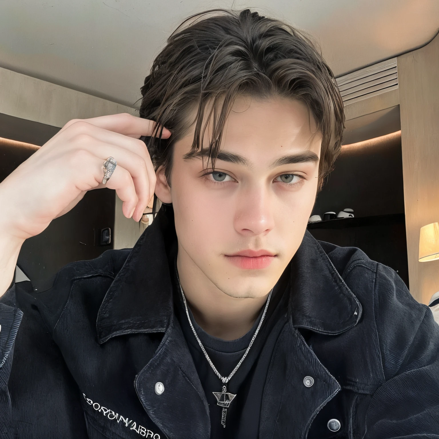 Hombre arafed con una chaqueta negra y un anillo en la cabeza., Joven con un corte de pelo desordenado sentado en una silla, Foto de perfil de la foto de cabeza, inspirado por Leonardo DiCaprio, Cara y chico perfectos, Su cabello es desordenado y salvaje rubio, tommy 1 6 , cara guapa, ojos azules, pelo corto en la parte superior de su cabeza, 18 years old, Dylan Sprouse, Joven lindo, Cara guapa perfecta, Foto de perfil de la foto de cabeza