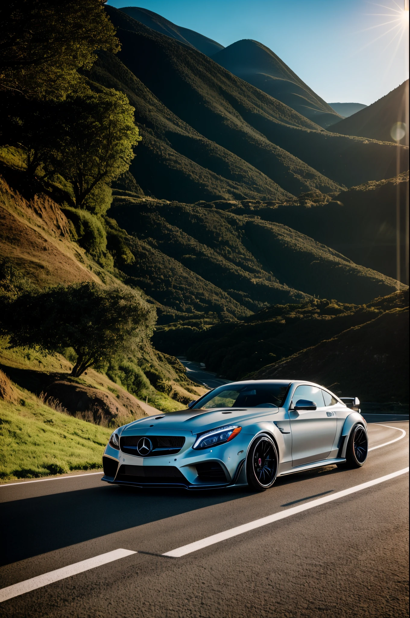 (high quality),Mercedes Benz GTR Liberty Walk in motion on a scenic road,car seamlessly integrated with the environment,[detailed tire treads,luxurious metallic paint,wide body kit],speeding along the road curves,[dynamic motion blur,perfectly captured speed],stunning landscape in the background,[dramatic mountains, lush greenery,oceanside cliffs],glowing sunlight casts a warm glow on the car,[vibrant colors,rich contrast,dreamy atmosphere],shadows of trees dance on the asphalt,creating a sense of depth and movement,[realistic lighting,playful shadows],attention to every curve and reflection,[showcasing every angle,reflective surfaces,striking highlights],exquisite attention to detail,[fine craftsmanship,precise lines,meticulous finishing],giving a sense of power,prestige,and elegance,[balanced composition,artful perspective],creating a masterpiece of automotive art.