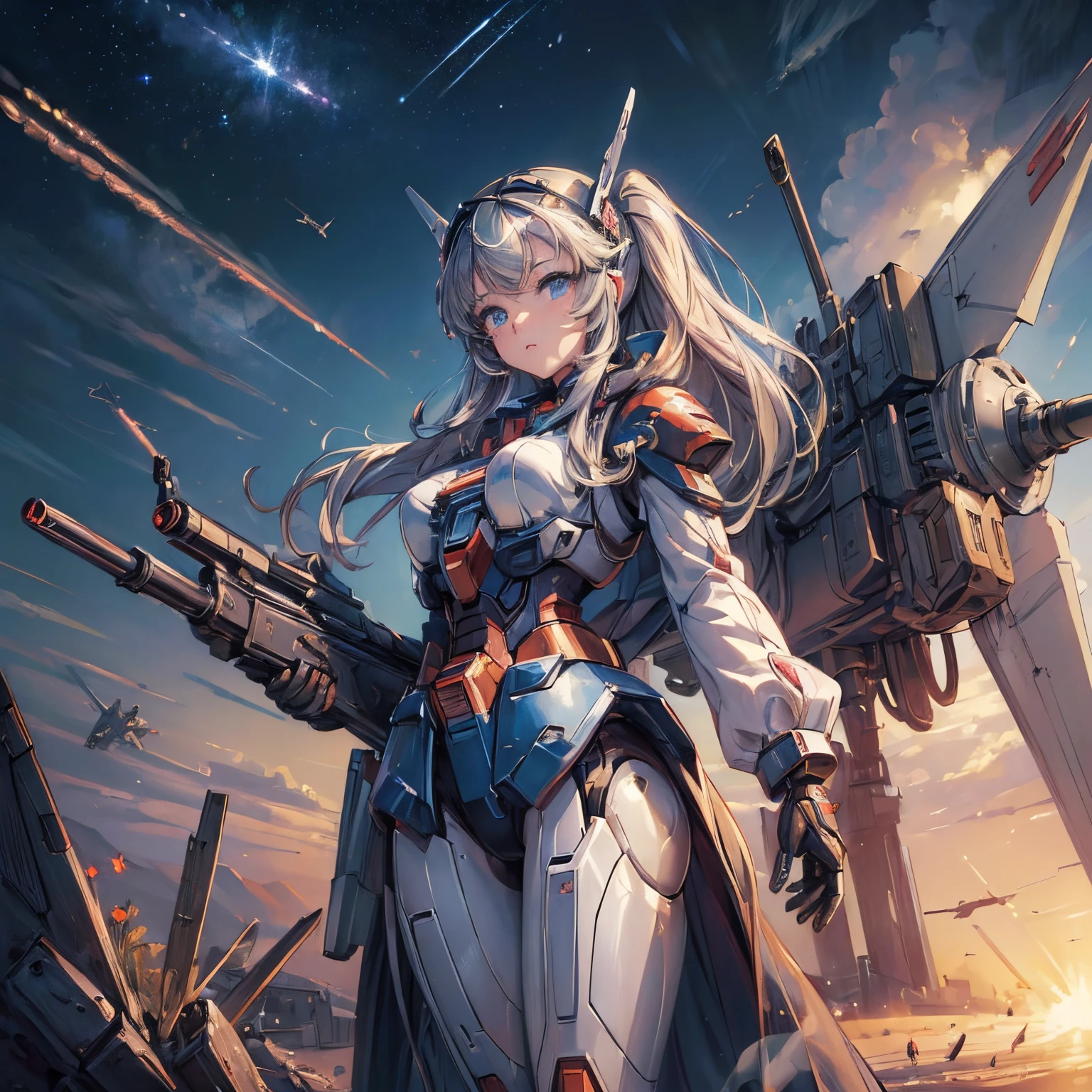 (masterpiece:1.5), (best quality:1.5),(high resolution:1.5),(beautiful pretty cute face:1.3),(beautiful detailed eyes:1.2)、Gundam world 、Cyborg girl、Machine body、Holds a beam rifle in both hands、in battle with enemy aircraft、dynamic ungle