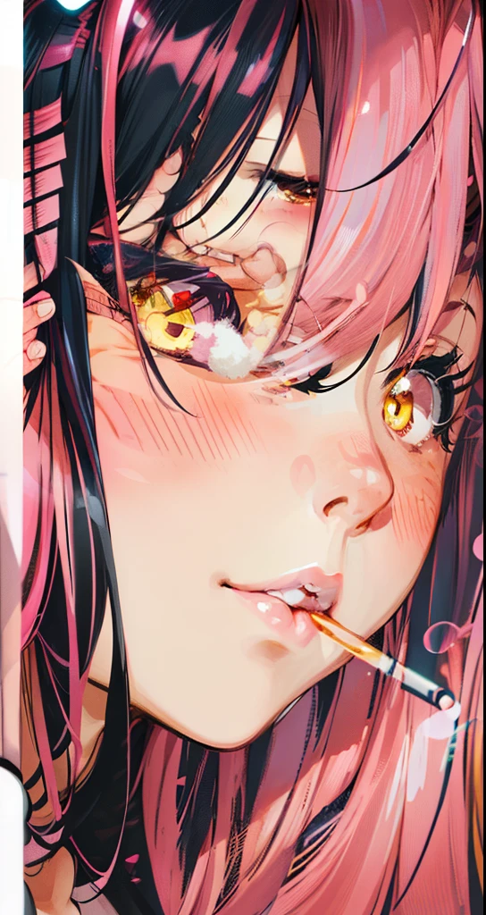 blush, cleavage,red fingerless gloves,glowing aura, natural light, masterpiece, glossy skin, juicy lips ,long hair, cute, kawaii, adorable, reaching up, adult, cuddle, kawaii clothes,random hair style, random clothes, black hair, (((pink streaks in hair))), yellow eyes, smoking a cigarette