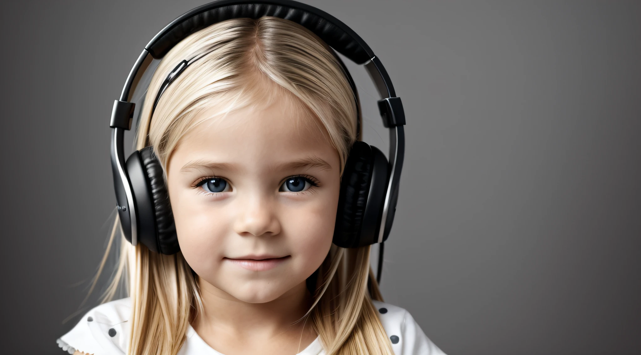 uma foto em preto e branco de uma CHILD blonde cabelos longos with headphones, with hands on face, Samara Tecelagem, gorgeous female.