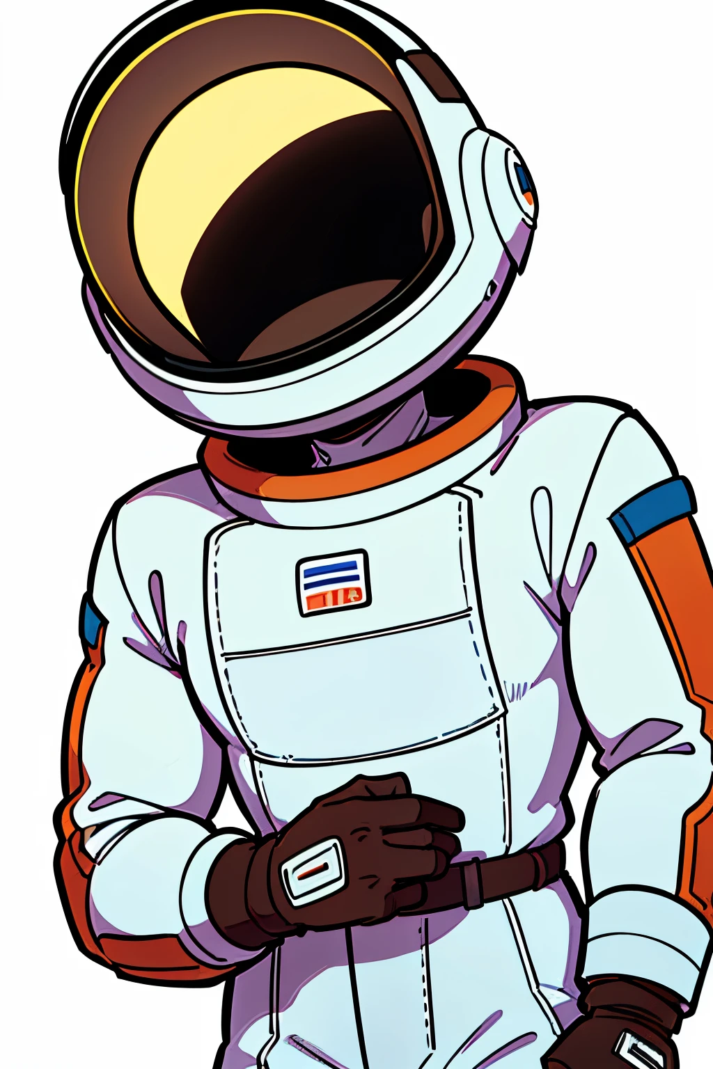 handsome and asethetic, masterpiece, white background, plain background, best quality, drawing of a of a chest up of a man in a retro spacesuit with reflective helmet, covered face. brown eyes