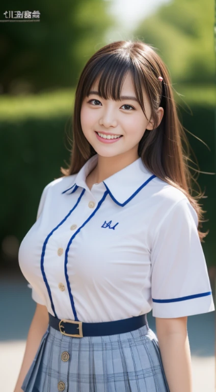Enhanced dynamic perspective,Cute cute beautiful girl,JK school uniform,Look at me and smile,simple backgound,Works of masters,high quarity,4K resolution,super-fine,Detailed pubic hair,准确,Cinematic lighting,Leaves the original facial proportions、(large full breasts)、((buttonGap))