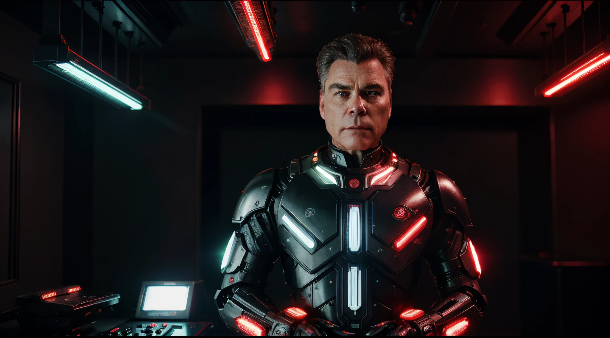 Cinematic Ultra Realistic 8k Centered, homem [Ray Liotta] com barba, In a shiny black mechanical android suit with red accents and lights with intricate cybernetic implants, indoor backdrop illuminated with red neon lights, bem iluminado, Cyberpunk, Foto premiada, Bokeh, red neon lights, cybernetic limb