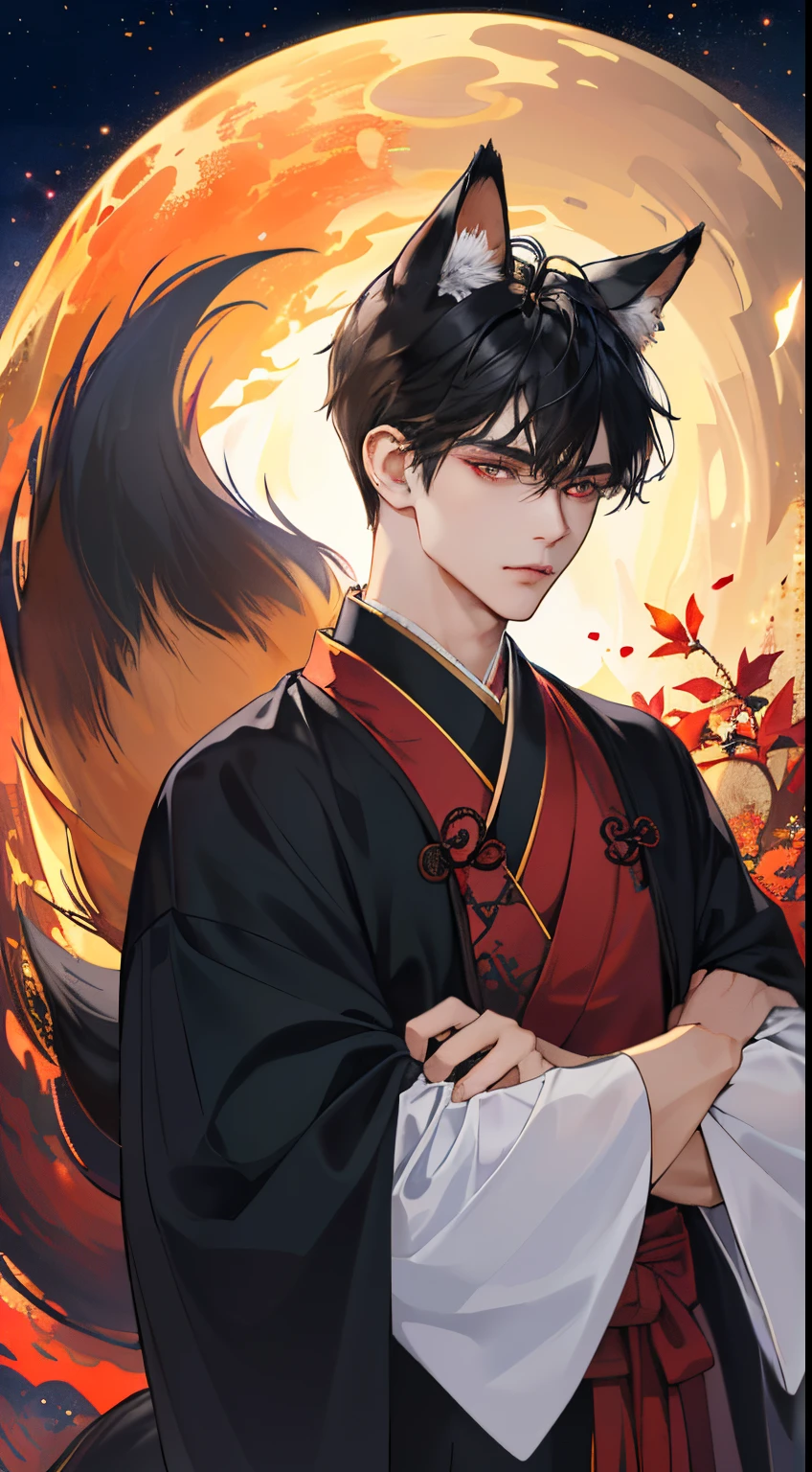 (Best Quality、8K,absurderes,highest grade,Portrait,Short hair, very short black short hair、Piercing、Kyuubi has fox ears and a tail..、Ancient Chinese robes that dress delicate and beautiful men、Arms crossed、Dark fantasy world.....、dark autumn night background、Looking at the camera