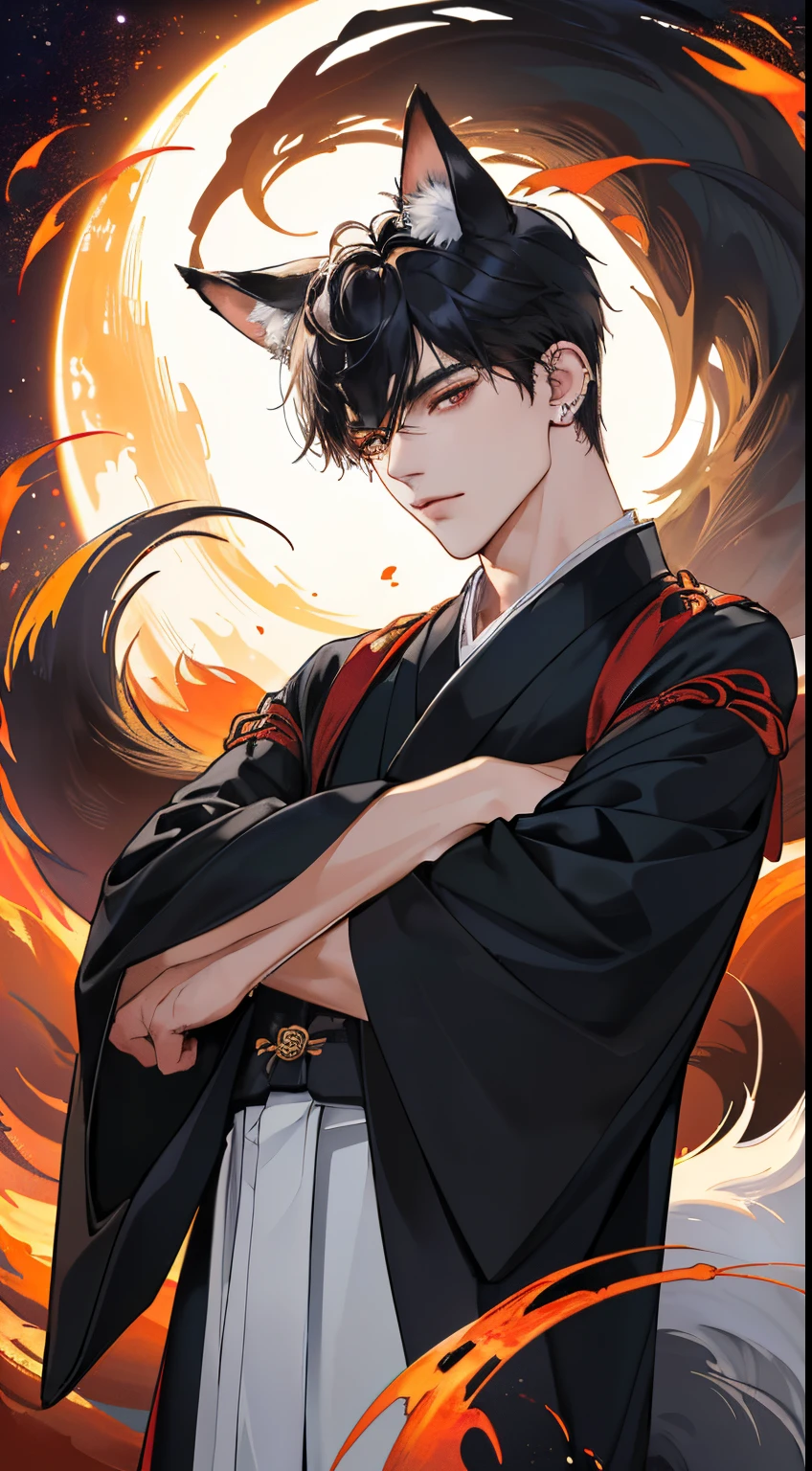 (Best Quality、8K,absurderes,highest grade,Portrait,Short hair, very short black short hair、Piercing、Kyuubi has fox ears and a tail..、Ancient Chinese robes that dress delicate and beautiful men、Arms crossed、Dark fantasy world.....、dark autumn night background、Looking at the camera