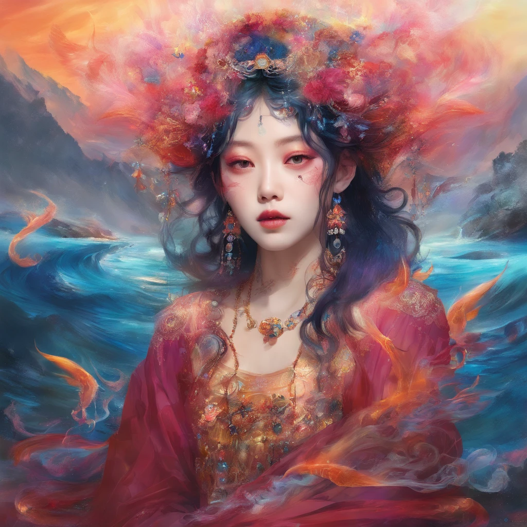 CLEAR SEA RUBY/sapphire/Amber heavenly Korean girl, amber, Rave inspired, mesh with smoke stains, 詳細な目/Skin/Hair, occultist, wild stream, Koos Roos