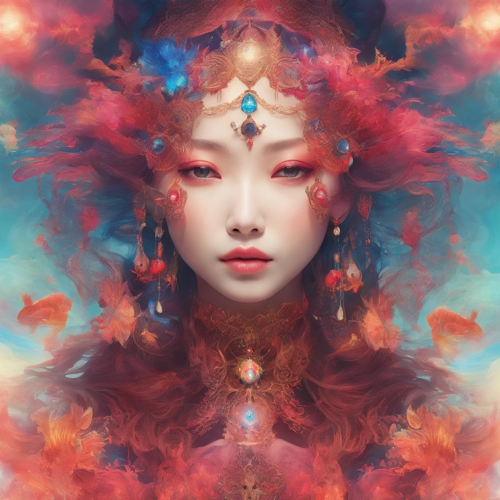 CLEAR SEA RUBY/sapphire/Amber heavenly Korean girl, amber, Rave inspired, mesh with smoke stains, 詳細な目/Skin/Hair, occultist, wild stream, Koos Roos