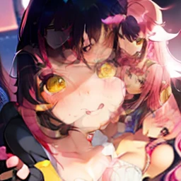 blush, cleavage,red fingerless gloves,glowing aura, natural light, masterpiece, glossy skin, juicy lips ,long hair, cute, kawaii, adorable, reaching up, adult, cuddle, kawaii clothes,random hair style, random clothes, black hair, (((pink streaks in hair))), yellow eyes,