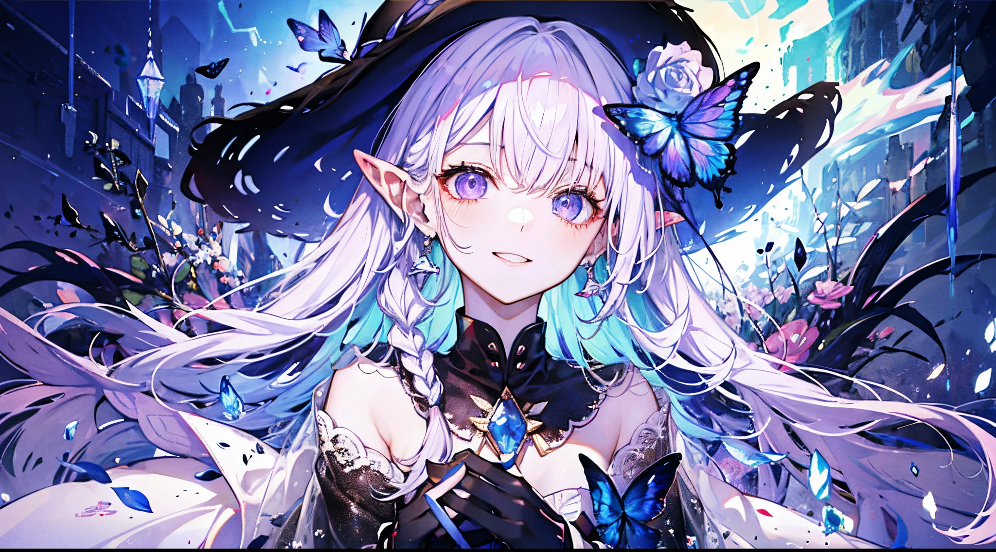 （（tmasterpiece：1.4，Best quality at best））+，（hyper-detailing）+，（Ultra-detailed eyes）+，（pointy ears：1.5），
（cute girls），ar old，（Lilac eyes：1.15），Light purple gradient long hair，long braid，Bushy hair（wariza：1.2），pale-skinned，ssmile，a seductive smile，reaching out her hands
（She wore a black shirt，black long pants，White lab coat：1.5），（Red gloves：1.4）The sleeves are long，Straw Hat Hat，crystal earrings，merfolk，The corals，Menghua，gem jewelry，Ocean of fish and trees，Conch headdress，glowing butterflies，jellyfish，
（Fishtail：1.1），
（dawn light：1.2），
（Thick black and white：1.16），（depth of fields：1.4），，Complicated details，