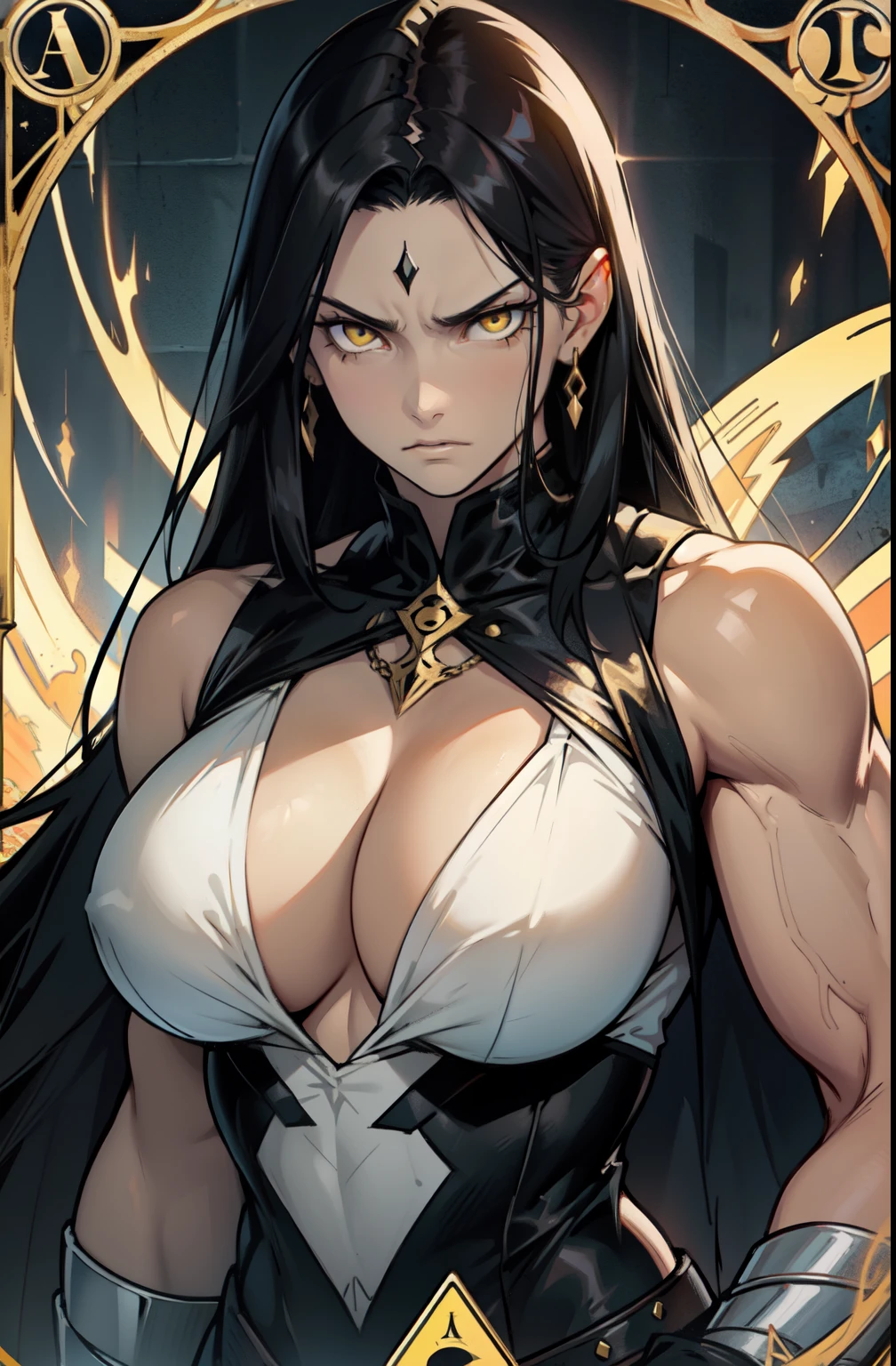 ((1 girl)) angry very long hair pale skin black hair yellow eyes ((muscular)) (huge breasts) tarot card