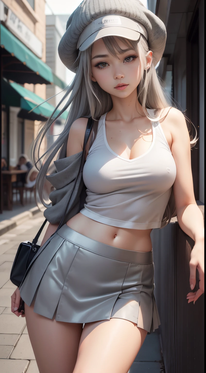 masutepiece, High quality, Best Quality, Beautiful, hard disk, Perfect Lighting, Detailed face, Detailed body, 1 girl, Solo, (Long gray hair), Brown eyes, medium breasts, ((White underwear)), ((Short skirt in grey)), (Gray hat), In front of the café,