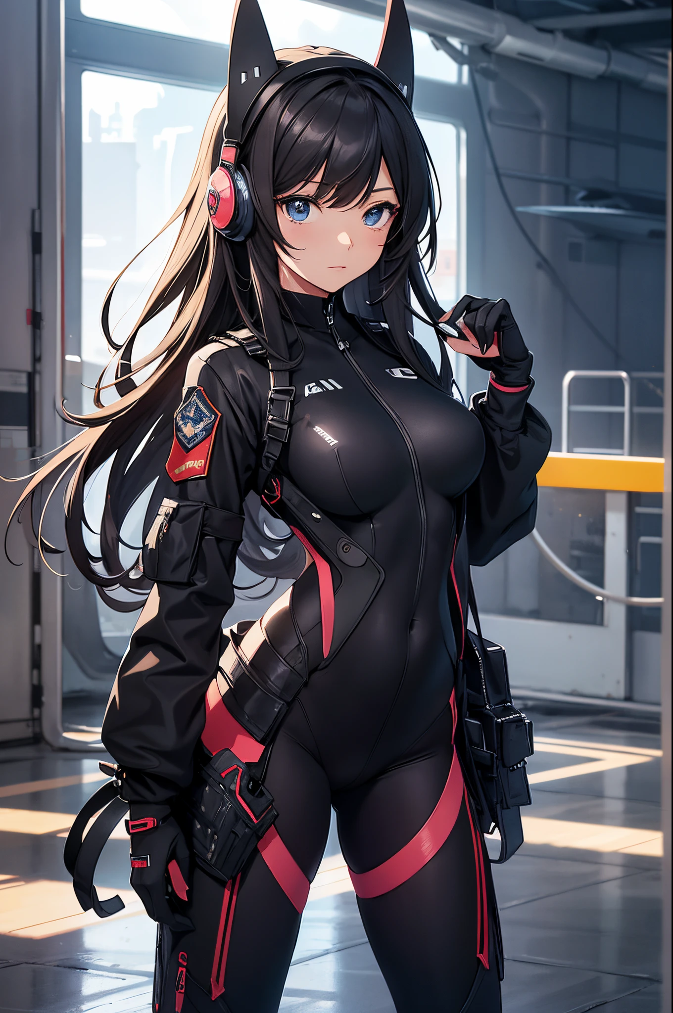 {{{{{masterpiece, best quality, official art, 8k, high resolution illustration}}}}}, Generate an image of a cute "2d japanese hand drawn anime style" girl in a smooth curve, matte black bodysuit inspired by a futuristic stealth bomber. She has accessories which include unique plane tail-ear headphones. The United States Air Force logo is visible on her outfit. she is standing on a runway in a military airport her gaze is angled about 30 degrees to the side