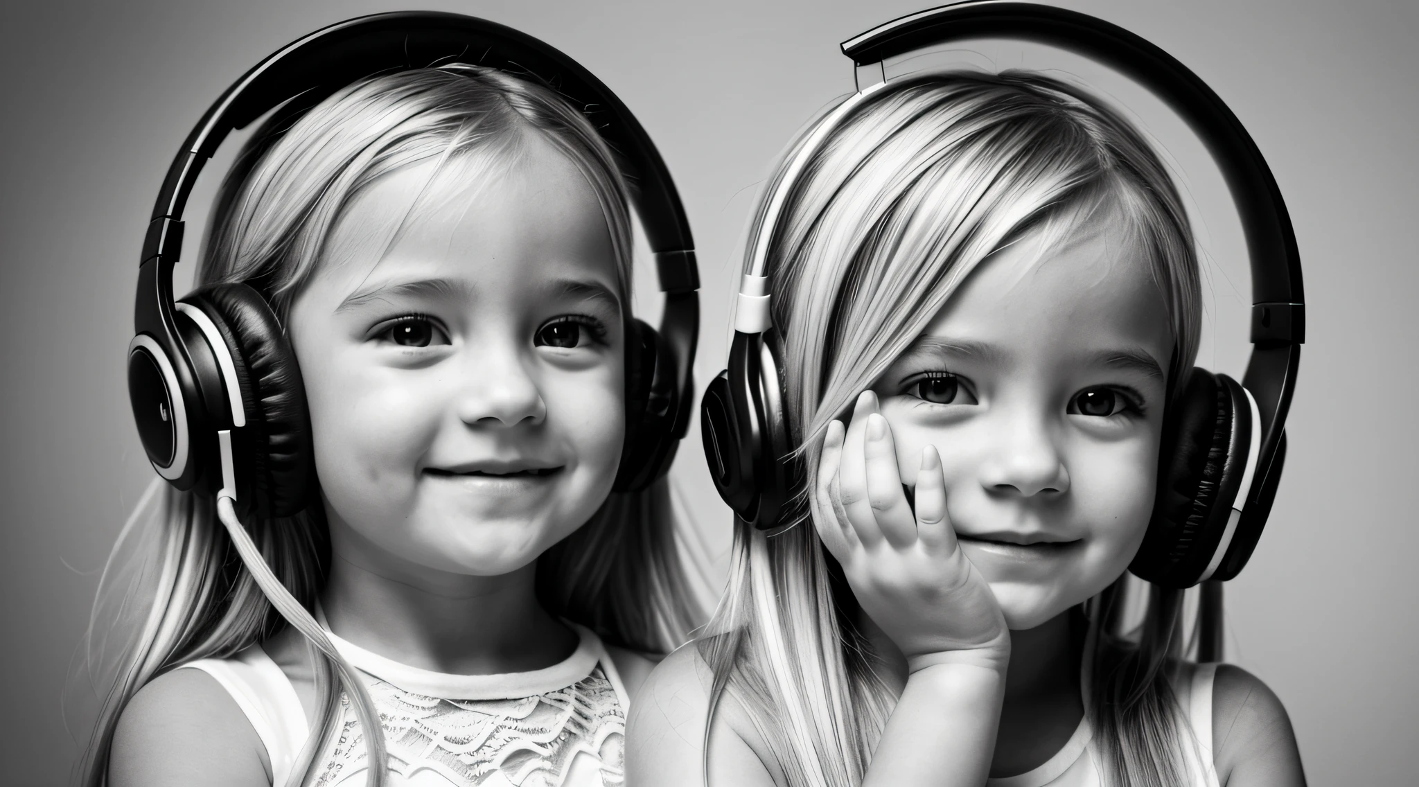 uma foto em black and white de uma CHILD blonde cabelos longos with headphones, with hands on face, Samara Tecelagem, gorgeous female.